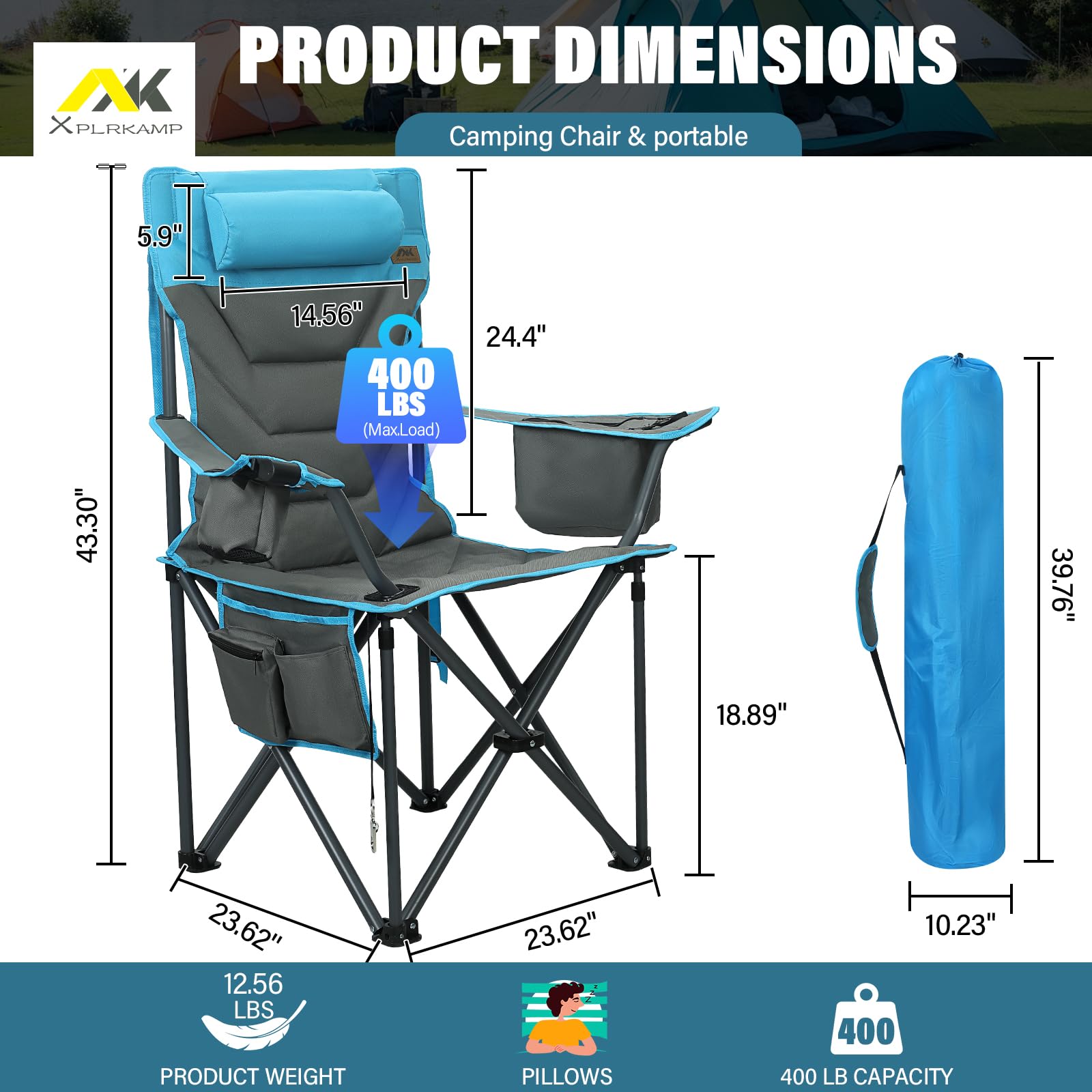 Oversized High-Back Camping Chairs with Pillow, Dual Cup Holders & Cooler Bag - Heavy Duty Foldable Outdoor Chair for Adults, Picnic, Fishing, Backyard, Sports?Bluegrey?