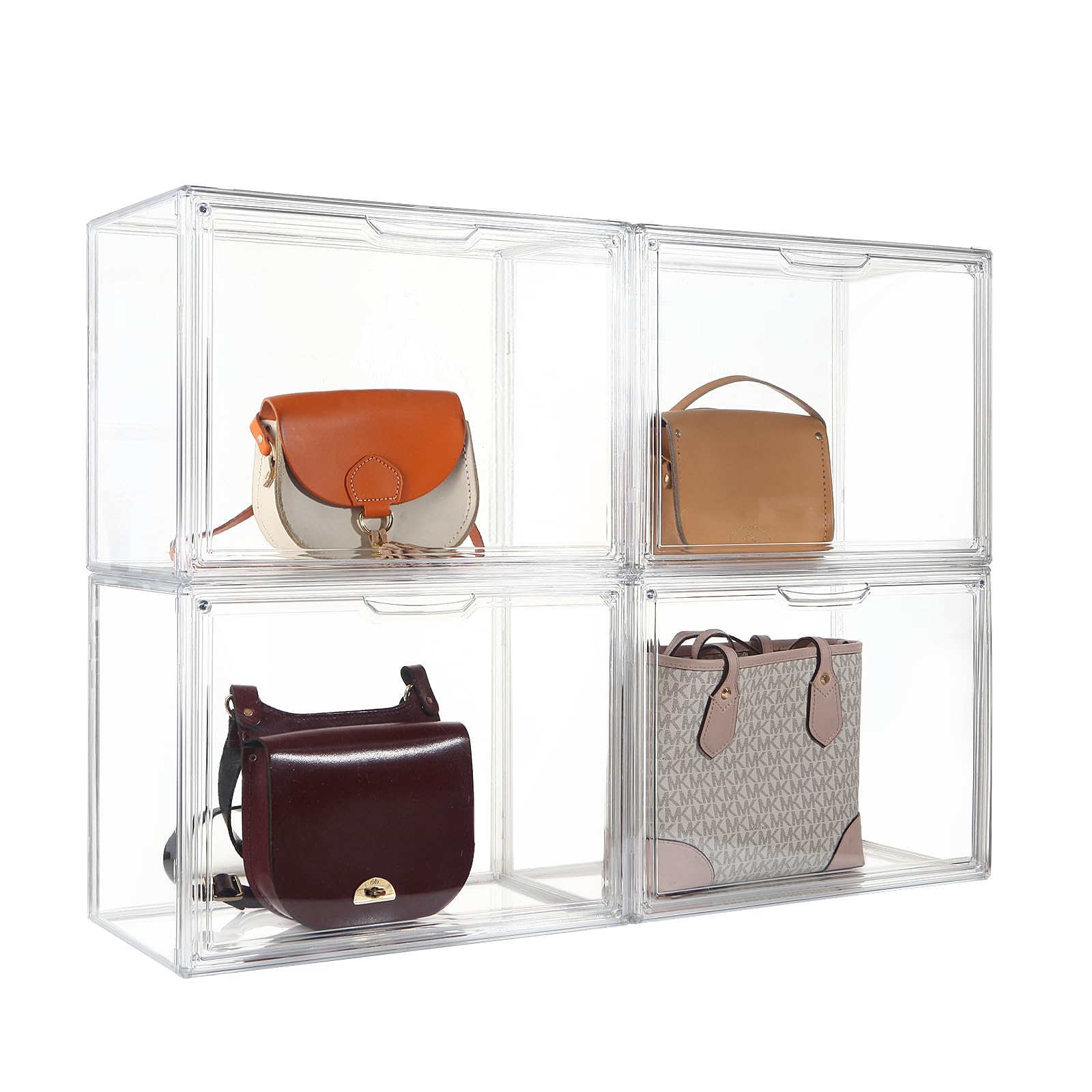 Clear Purse Organizer, Stackable Luxury Handbag Display Case - Versatile Closet and Vanity Desk Storage Solution, Dustproof Showcase, 4 Packs