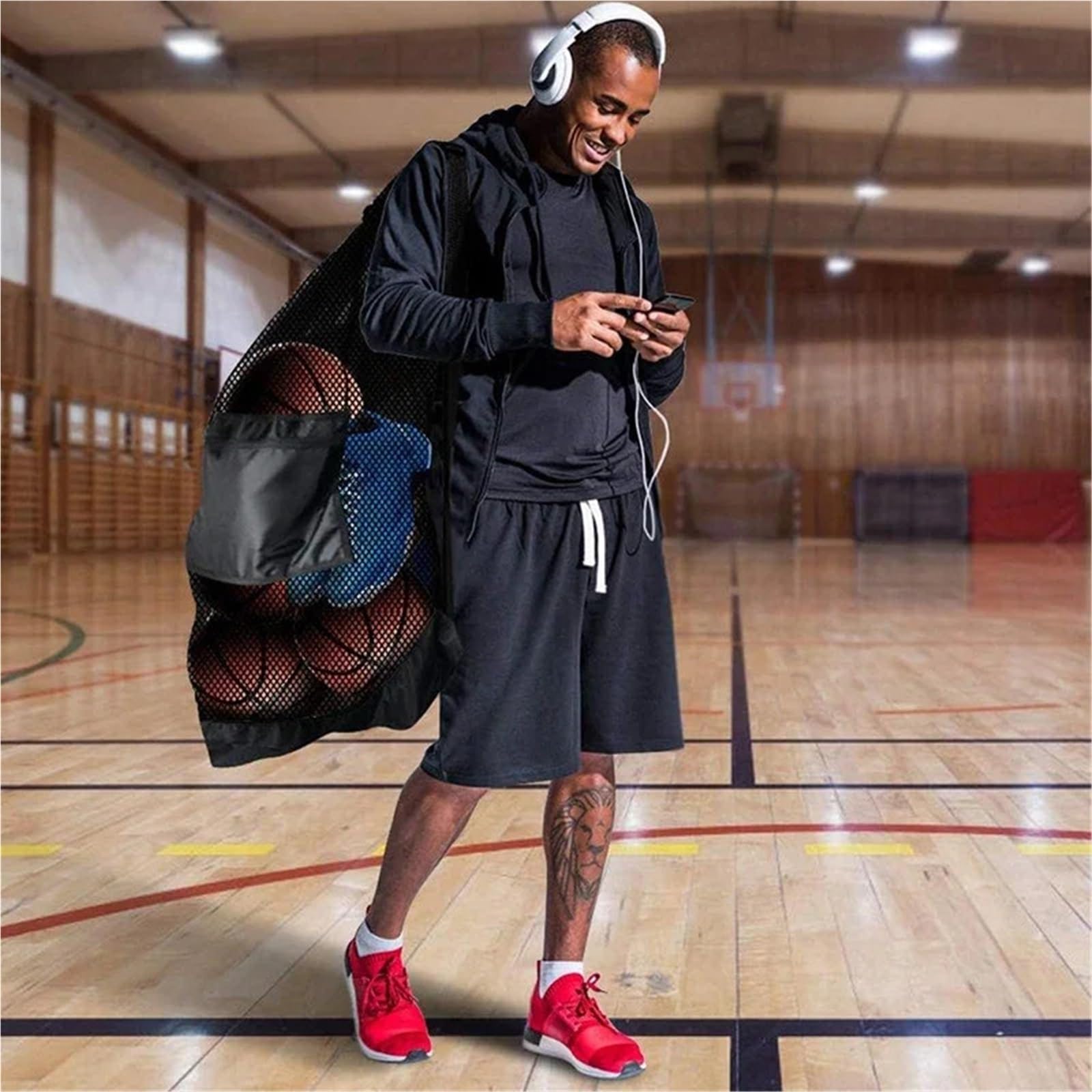 Borsa da calcio in rete 2 pezzi, borsa extra large con coulisse for riporre palloni basket, tasca cerniera, pallavolo e, borse palestra per Palla