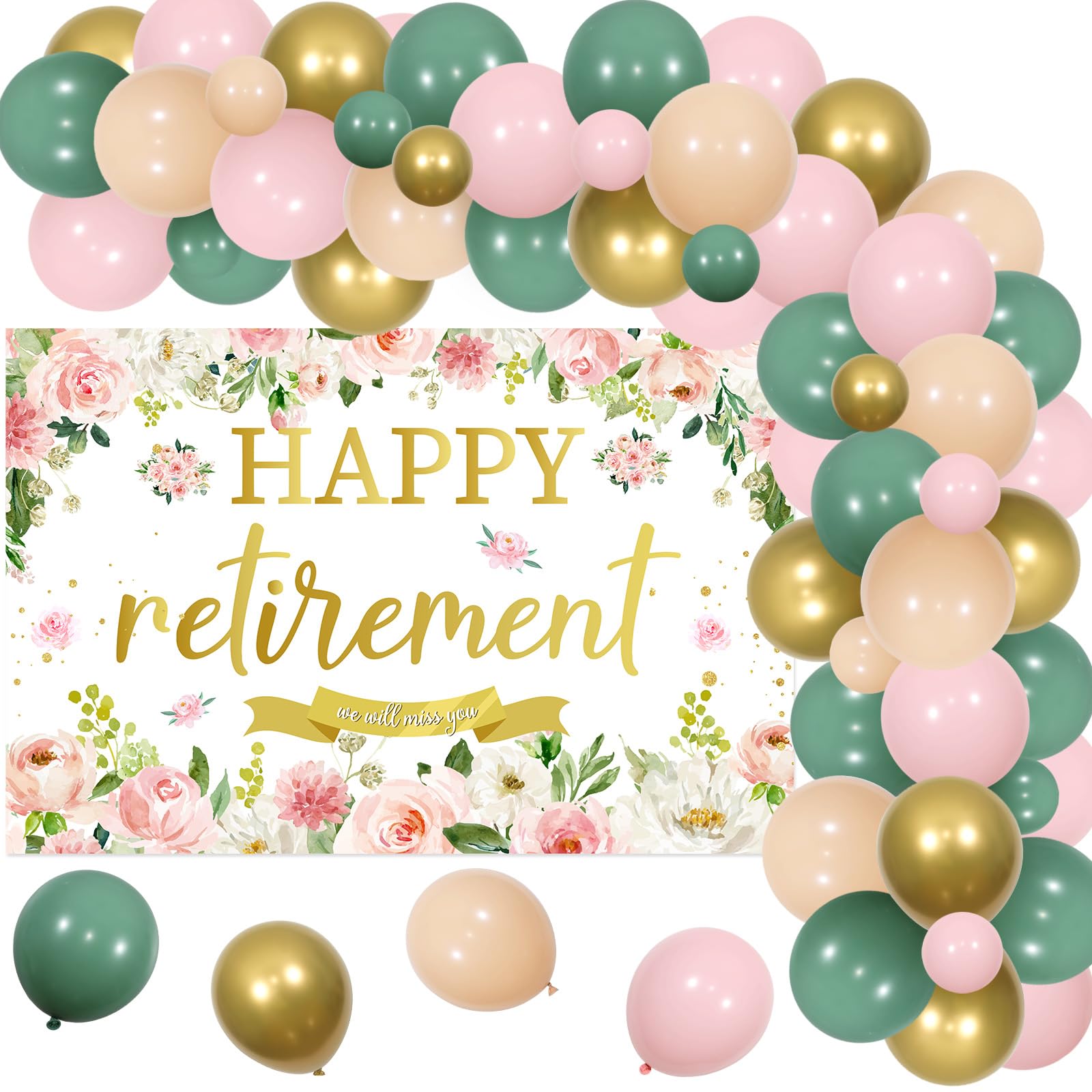 kreat4joy Retirement Party Decorations Women Wen, Floral Happy Retirement Backdrop, Sage Green Pink Balloons Garland for We Will Miss You Farewell Going Away Goodbye Party Decorations