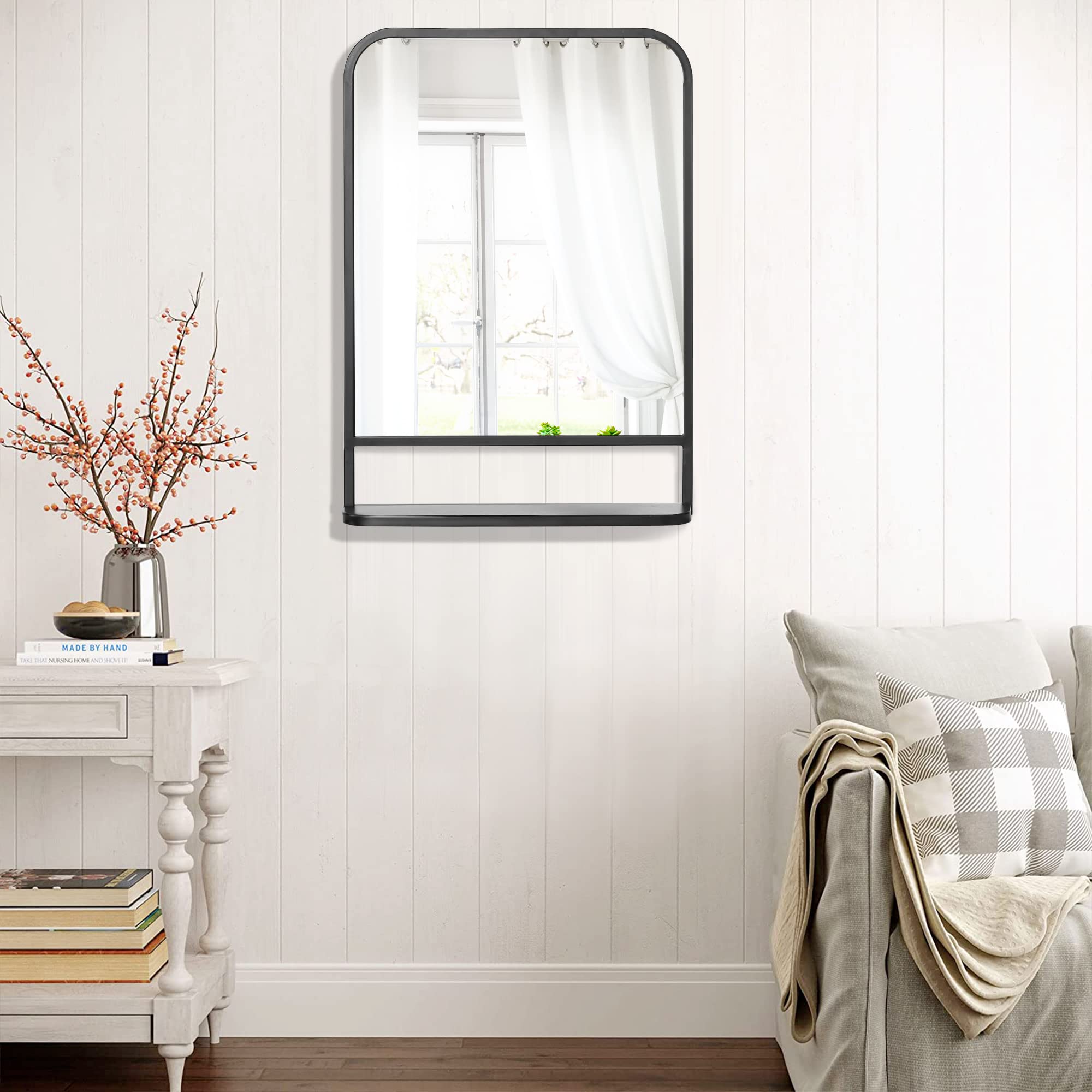 HOMCOM Espejo Decorativo de Pared 50x70 cm Espejo Rectangular Negro | Metal, Estante de Almacenamiento, Salón Dormitorio Entrada, Estilo Moderno
