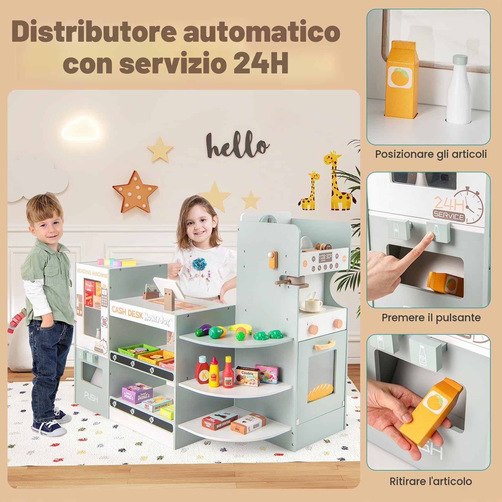 HOMASIS Supermercato Giocattolo per Bambini in Legno, Negozio Giocattolo per Bambini con Cassa Registratrice, Distributore Automatico e Macchina da Caffè per Bambini dai 3+ Anni