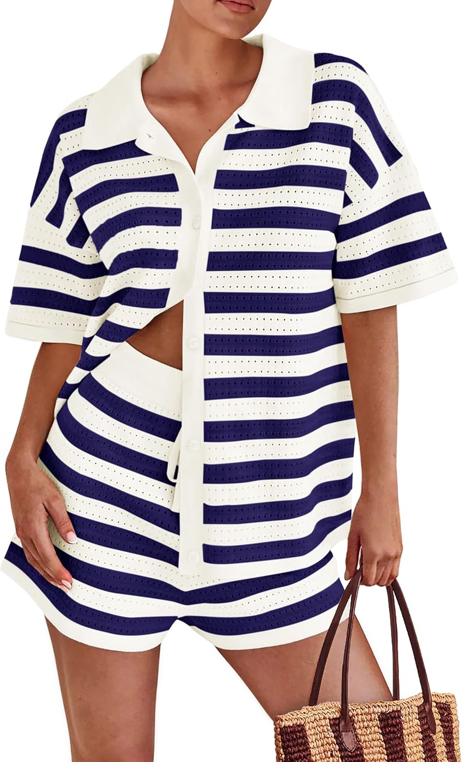 Casual summer outfit with striped sweater and matching shorts.