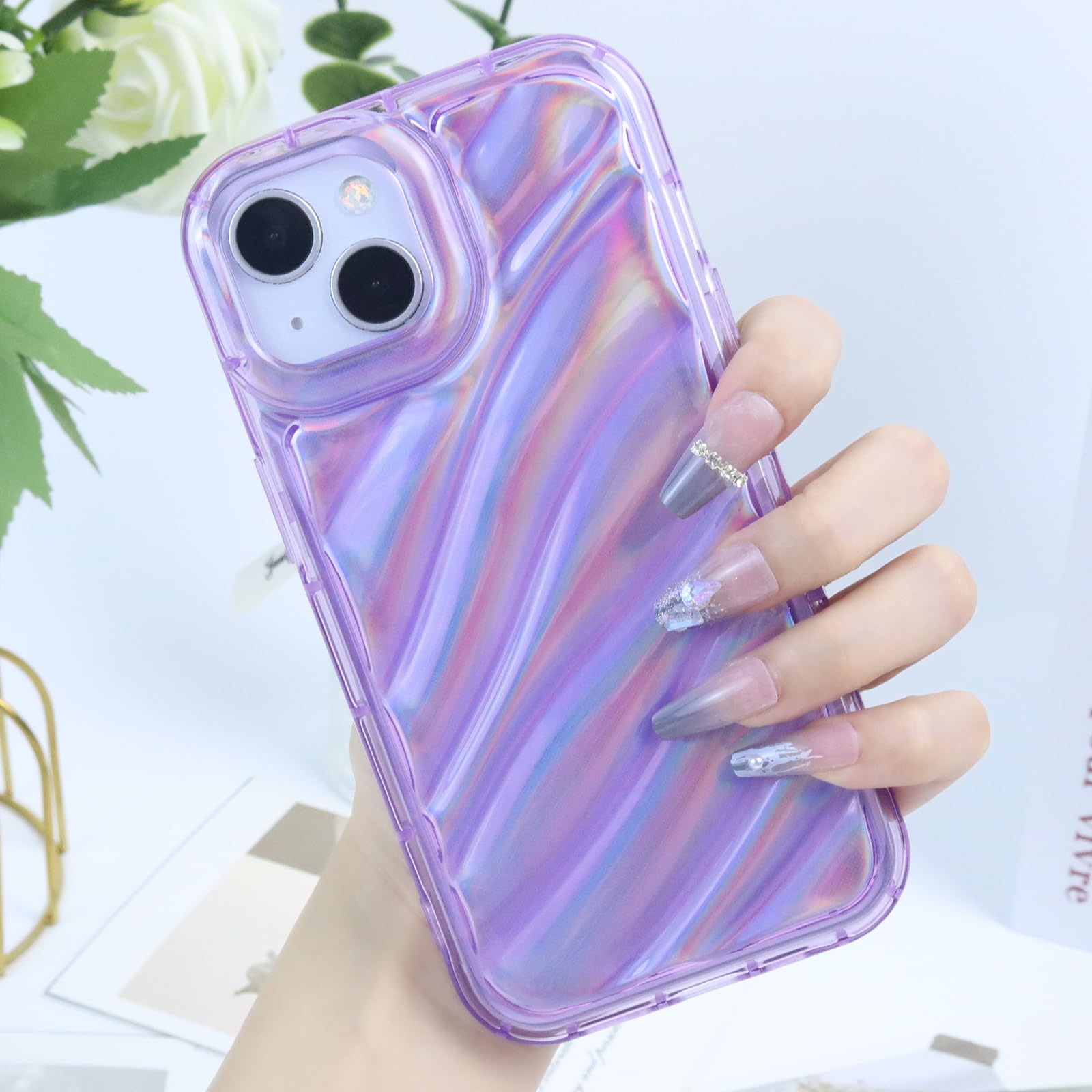 TODXARZC Water Ripple Pattern Case for iPhone 14 Case Clear Curly Wave Frame 3D Soft TPU Shockproof Anti-Fingerprint/Skid Wavy Shape Phone Case for iPhone 14 for Women Girls 6.1" Purple