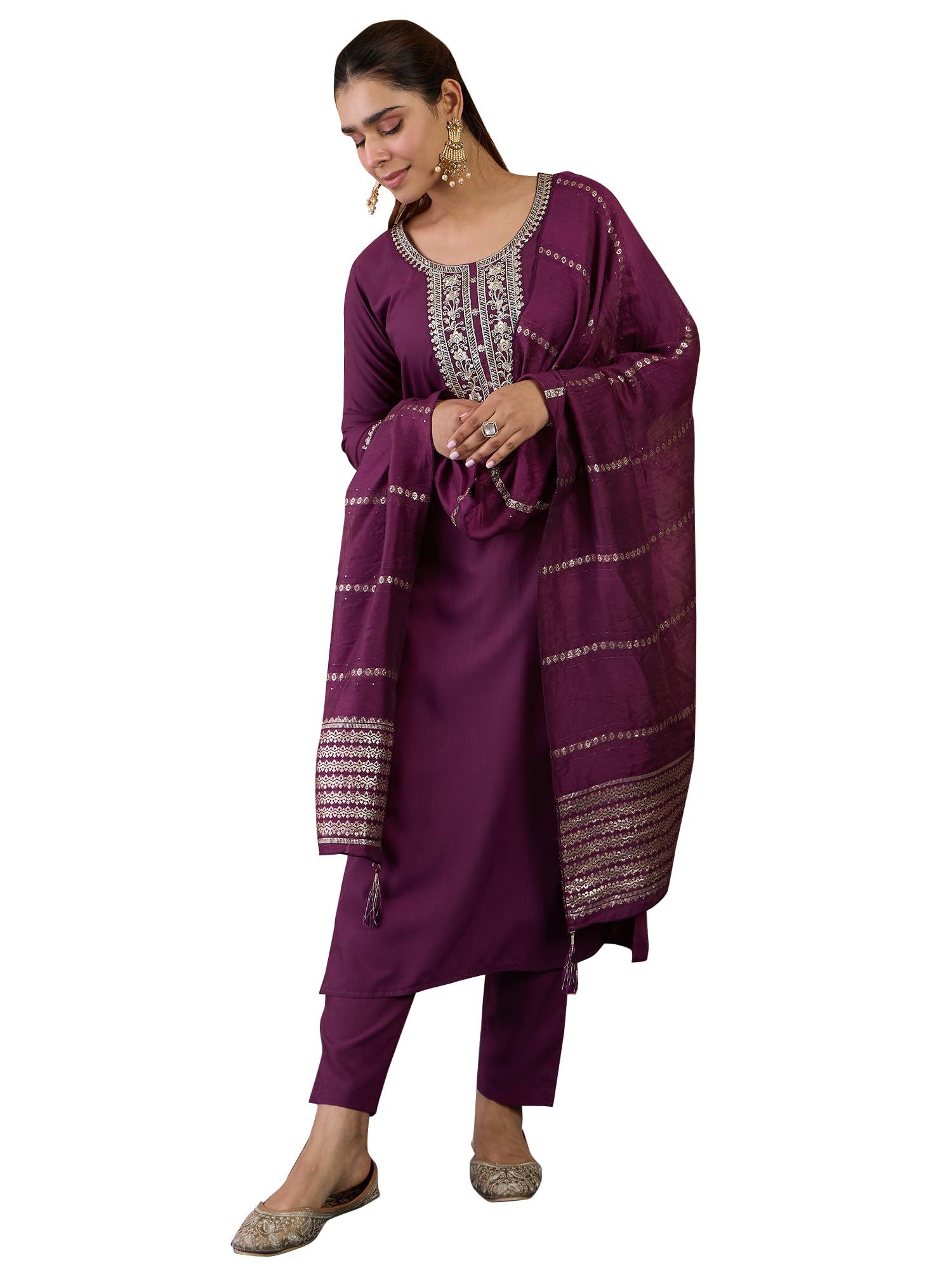 Women's Embroidered Cotton Straight Kurta with Pant & Dupatta Set | Round Neck Below Kneee Ethnic Kurta Set for Women-picture-17