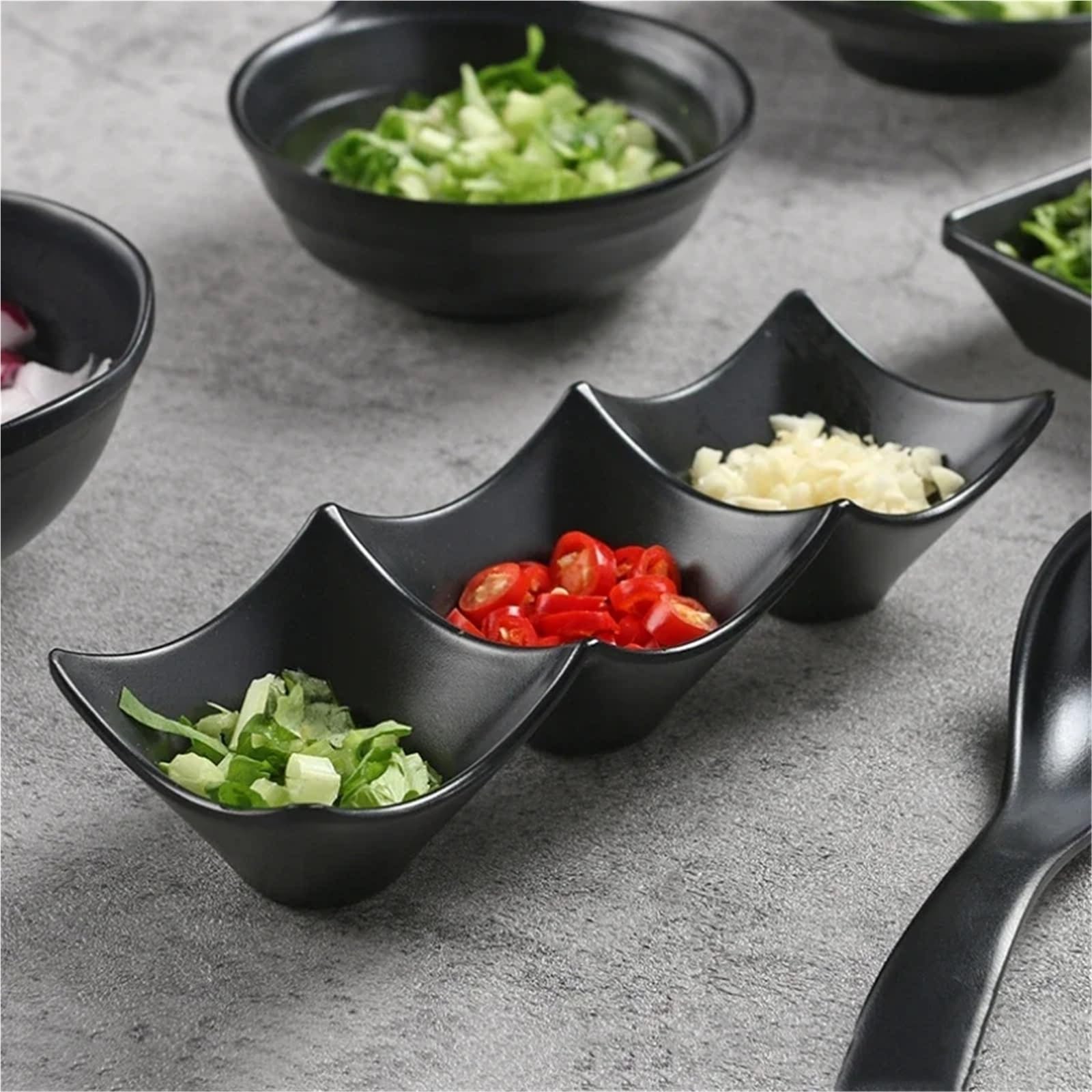 Confezione da 3 piatti per tapas con ciotole a 3 scomparti, versatili piatti per salsa per cucinare sushi, salsa di soia e snack, perfetti per intrattenere