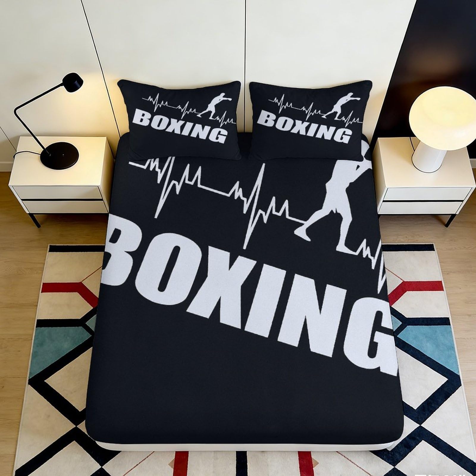 3D Printed Boxing Theme Fitted Sheet Microfiber Deep Pocket Non-Slip for Bedroom Boxing Mattress Fitted Cover Washable 90x200x25cm