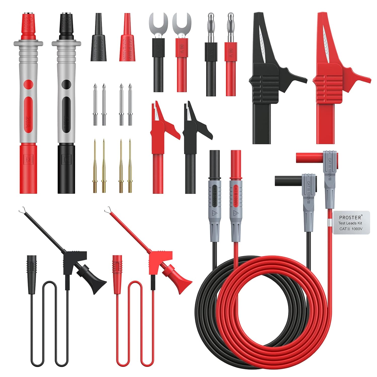 Proster Multimeter Test Leads Kit – 24 in 1 Automotive Test Leads with 8 PCS Probe Pins Alligator Clips Spade Plug Banana Plug for Multimeter Clamp Meter Proster Multimeter Test Leads Kit – 24 in 1 Automotive Test Leads with 8 PCS Probe Pins Alligator Clips Spade Plug Banana Plug for Multimeter Clamp Meter