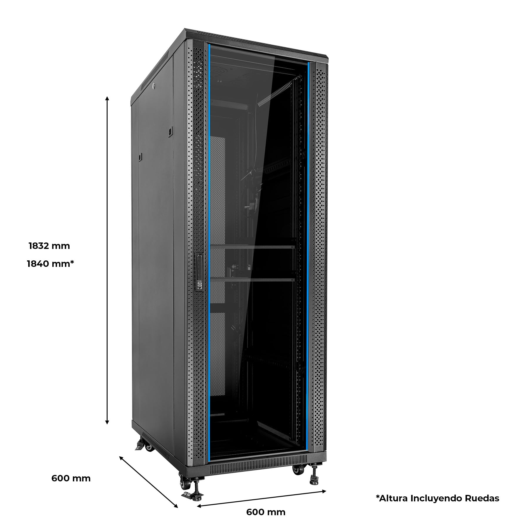 Aiten Data Armario Rack Suelo 19" 37U 600 x 600 x 1840 mm Montado con Accesorios: 2 Bandejas Fijas, 4 Ventiladores 120 mm, 1 PDU con 8 Puertos de 1U, Patas, Ruedas y Llaves