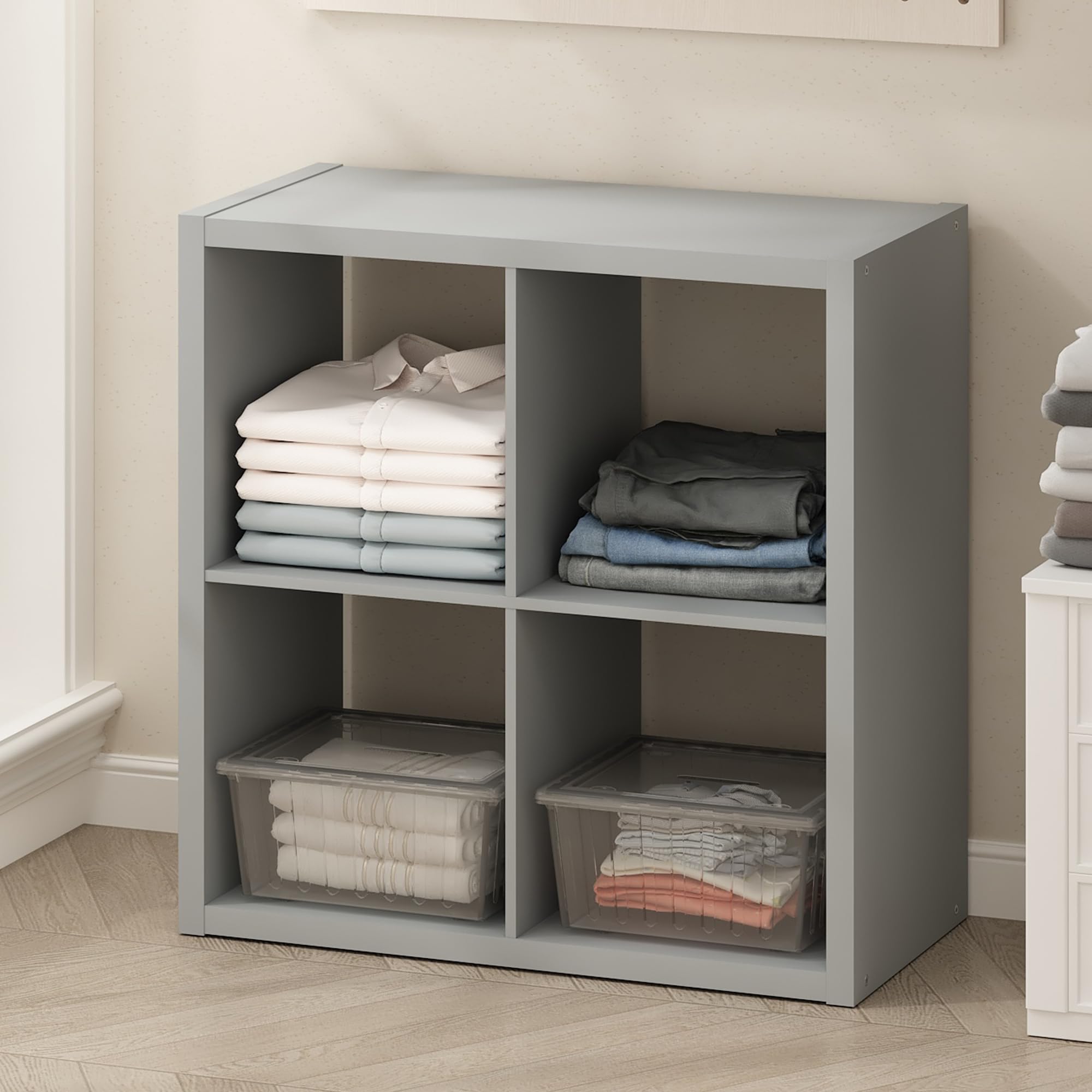 Furinno Cubic Open Back Multipurpose Clothing & Closet Storage Organizer Shelf, 4-Cube, Light Grey