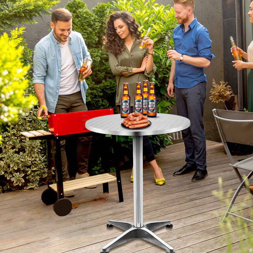 Supfine Tavolo da bar pieghevole rotondo Ø 60 cm, altezza regolabile 70 cm / 110 cm, 2 in 1 tavolo alto in alluminio INOX mangia in piedi tavolo da festa (argento - rotondo, 60 x 60 x 70/110 cm)