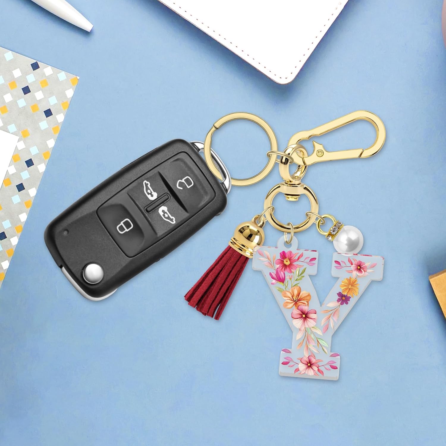 Xiahuyu Initial Letter Keychain for Women Cute Alphabet Keychain for Purse Handbag Backpack with Tassel Faux Pearl Charm - Image 4