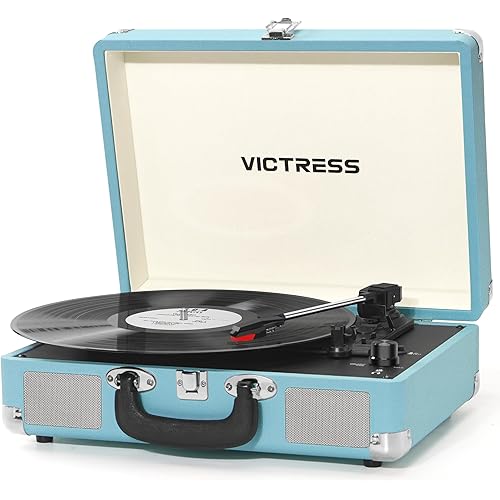 Vinyl Record Player, Portable Suitcase Turntable With PC Recording & Bluetooth Input/Output, 3-Speed LP Player, Built-in Stereo Speakers, RCA, AUX, Headphone Jack, Blue