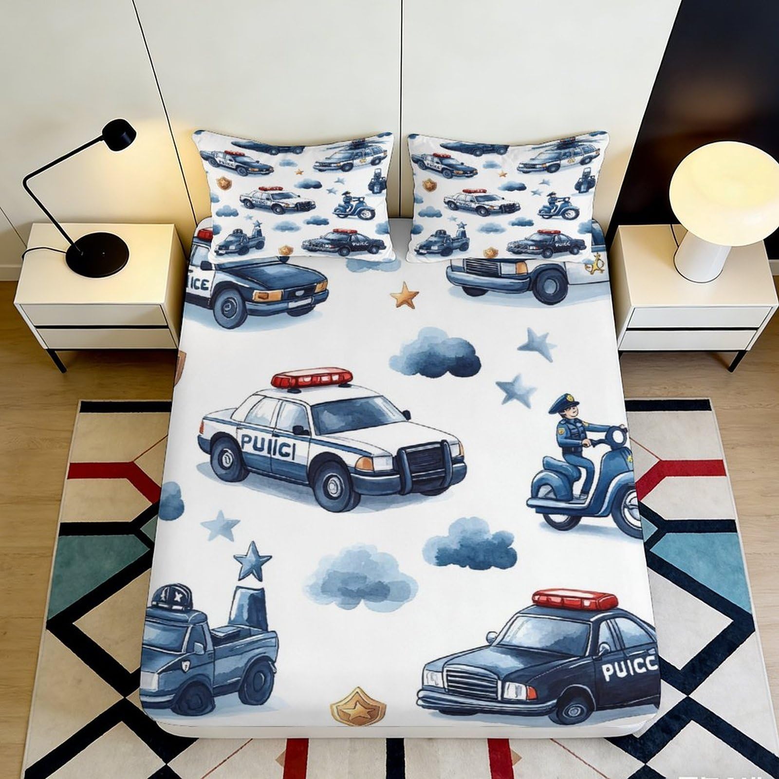 3D Printed Police Car Fitted Sheet Microfiber Durable Breathable Police Vehicles Bed Cover for Bedroom Dormitory Guest Room Mattress Protection Decor 180x200x25cm