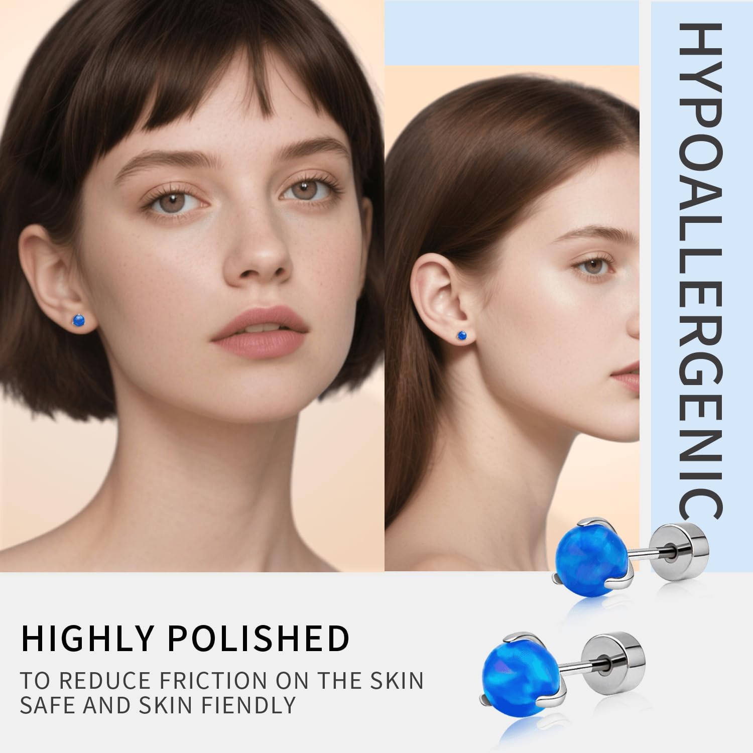 XUU G23 Titanium Flat Back Stud Earrings, 20G Cartilage Earrings with Screwback, 4mm 5mm Synthetic Opal, Hypoallergenic Tragus, Helix Jewelry, 1 Pair - Image 4