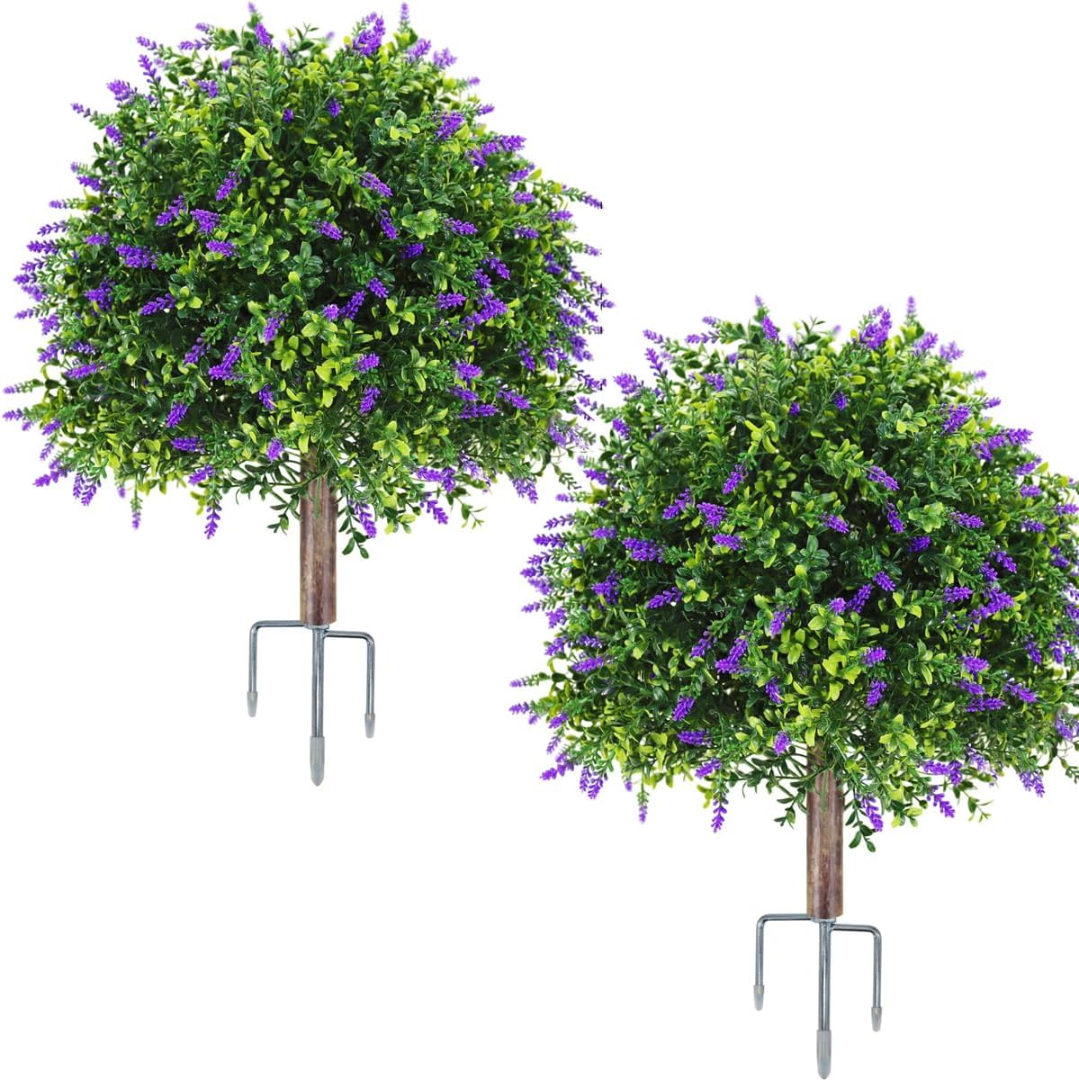 25.5" Artificial Boxwood Topiary Ball Trees with Ground Spikes, Set of 2 UV Resistant Faux Greenery Shrubs, Fake Evergreen Artificial Plant Bushes for Porch Patio Wedding