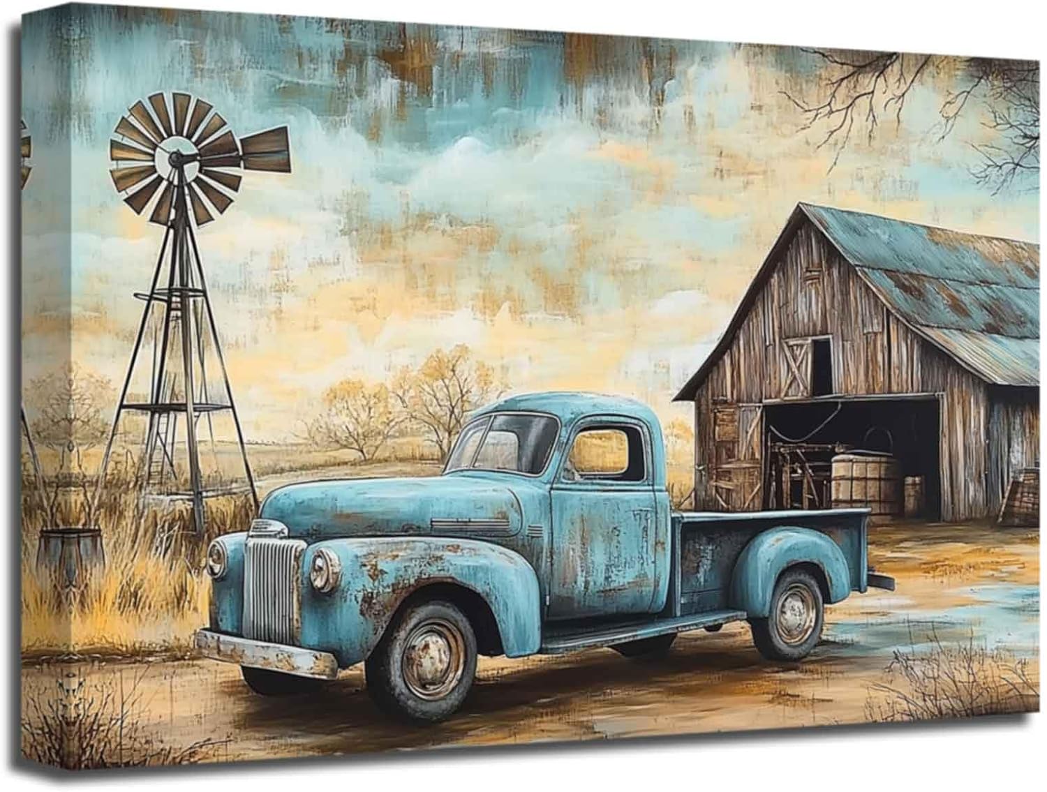 XLMDYYSW Farmhouse Truck Wall Art Rustic Old Barn Paintings Vintage Truck and Flower Canvas Prints Country Landscape Picture for Living Room Bedroom Framed (Blue, 12.00" x 18.00")