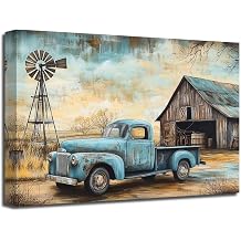 XLMDYYSW Farmhouse Truck Wall Art Rustic Old Barn Paintings Vintage Truck and Flower Canvas Prints Country Landscape Picture for Living Room Bedroom Framed Blue, 24.00" x 36.00"