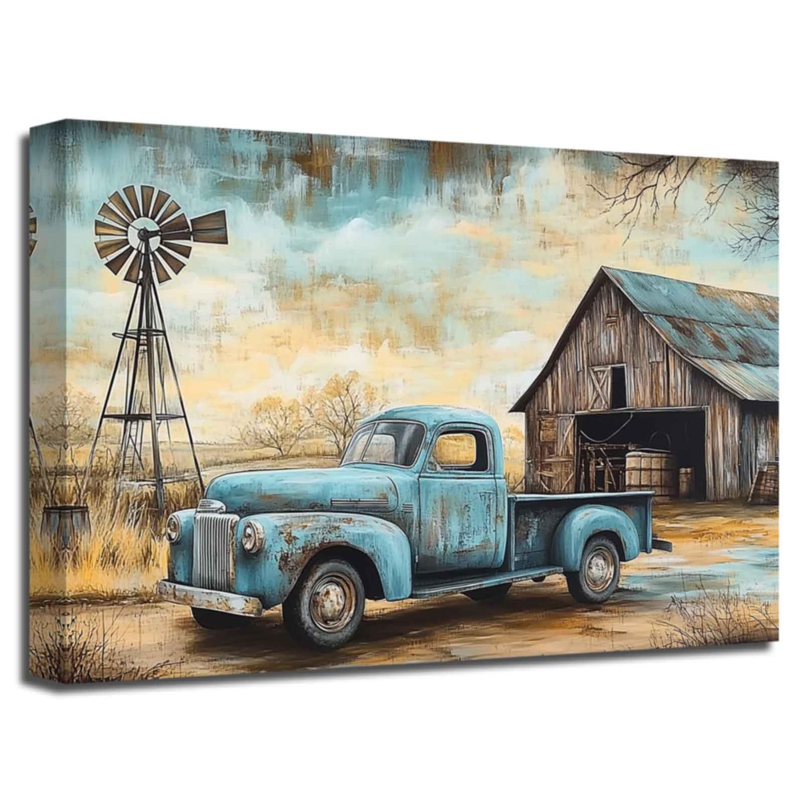 XLMDYYSW Farmhouse Truck Wall Art Rustic Old Barn Paintings Vintage Truck and Flower Canvas Prints Country Landscape Picture for Living Room Bedroom