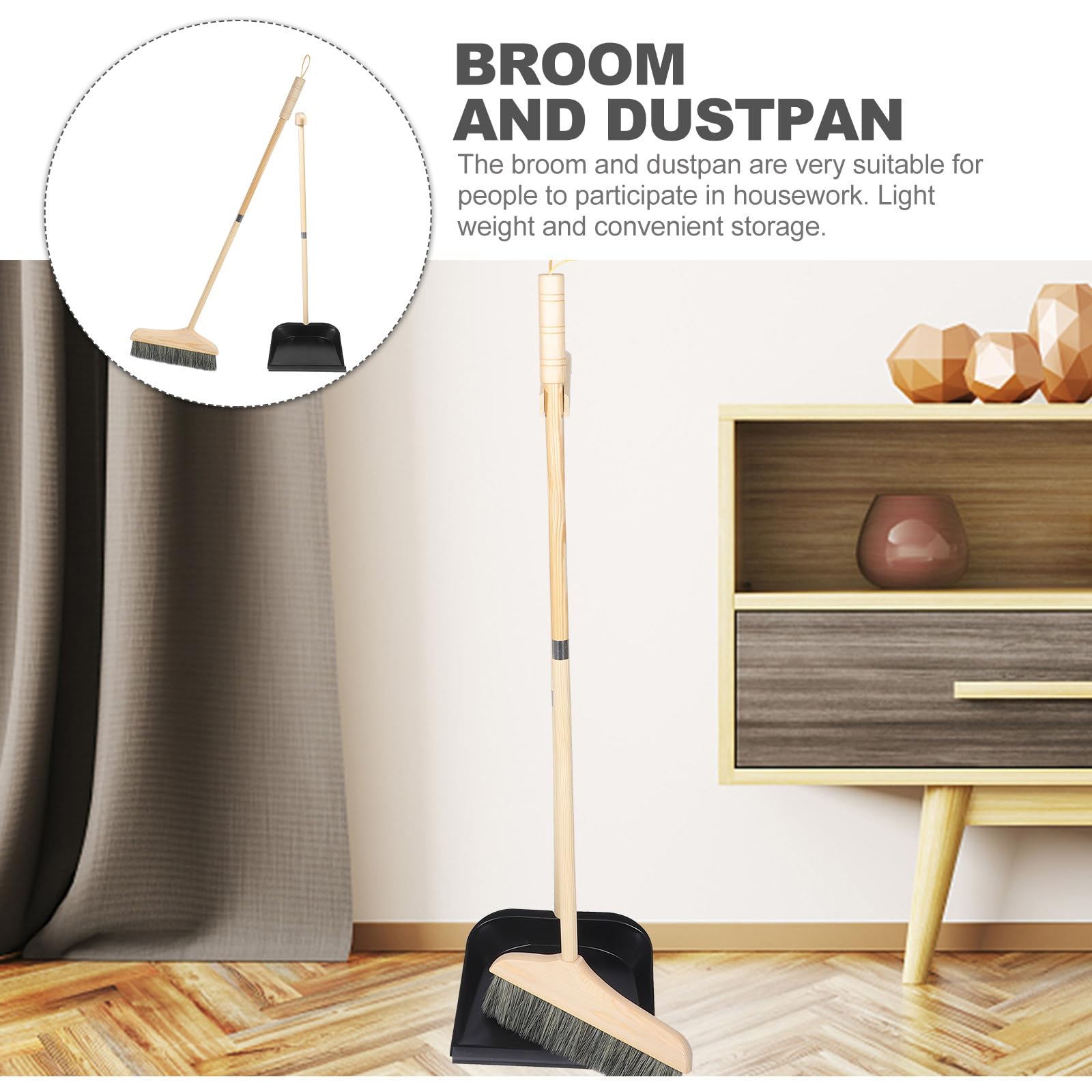 Langer Stiel Besen und Kehrschaufel Satz mit Naturborsten Ergonomischer Holzgriff für Innenräume und Teppichreinigung Inklusive Aschenbecher Schwarz