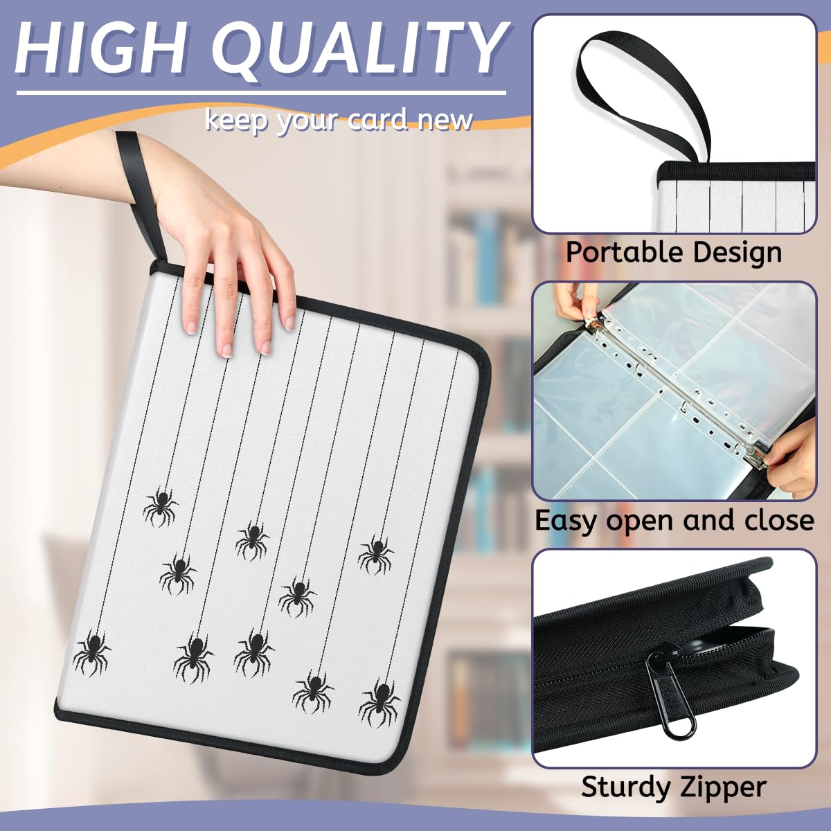 Carpeta de tarjetas coleccionables de 4 bolsillos con patrón de araña de Halloween con fundas extraíbles, libro de tarjetas impermeable con cremallera, capacidad para 50 páginas y 400 tarjetas