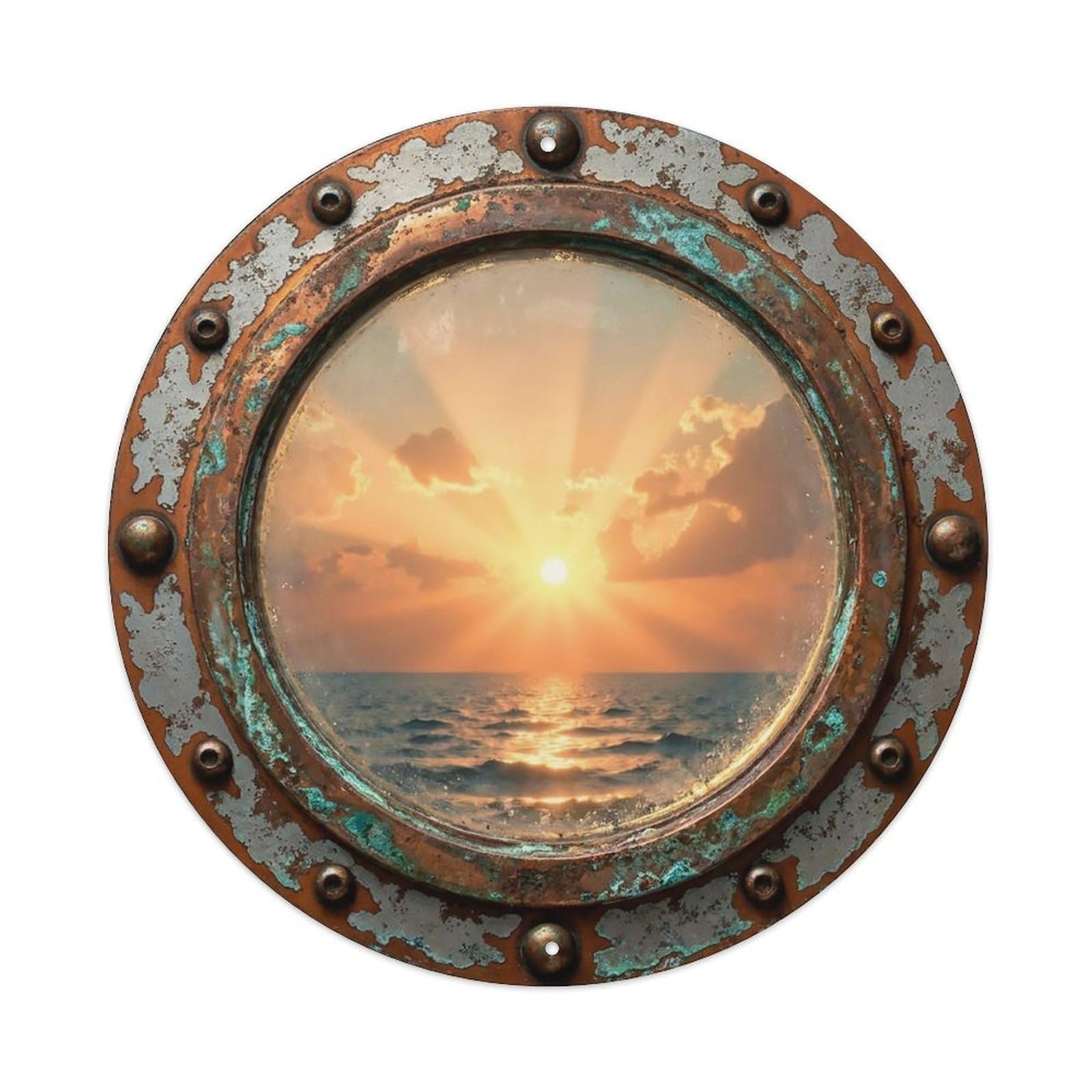Vintage Porthole Golden Sunrise Nautical Window View Metal Tin Sign