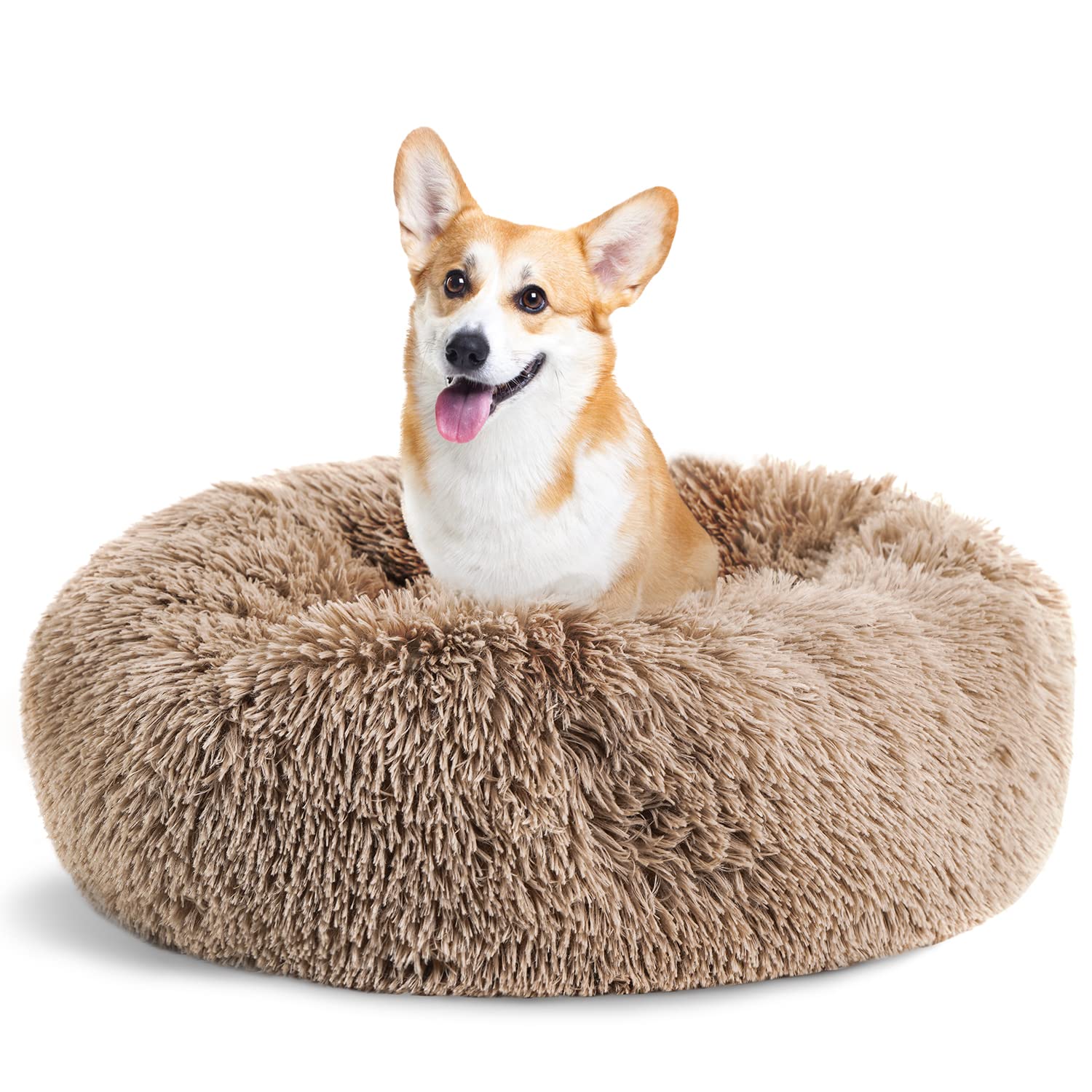 Lasaas Calming Dog Bed Donut Dog Bed for Small, Medium, Large Dogs Anti-Anxiety Cuddler Dog Bed & Cat Bed Faux Fur Washable Dog Bed Brown M 30''
