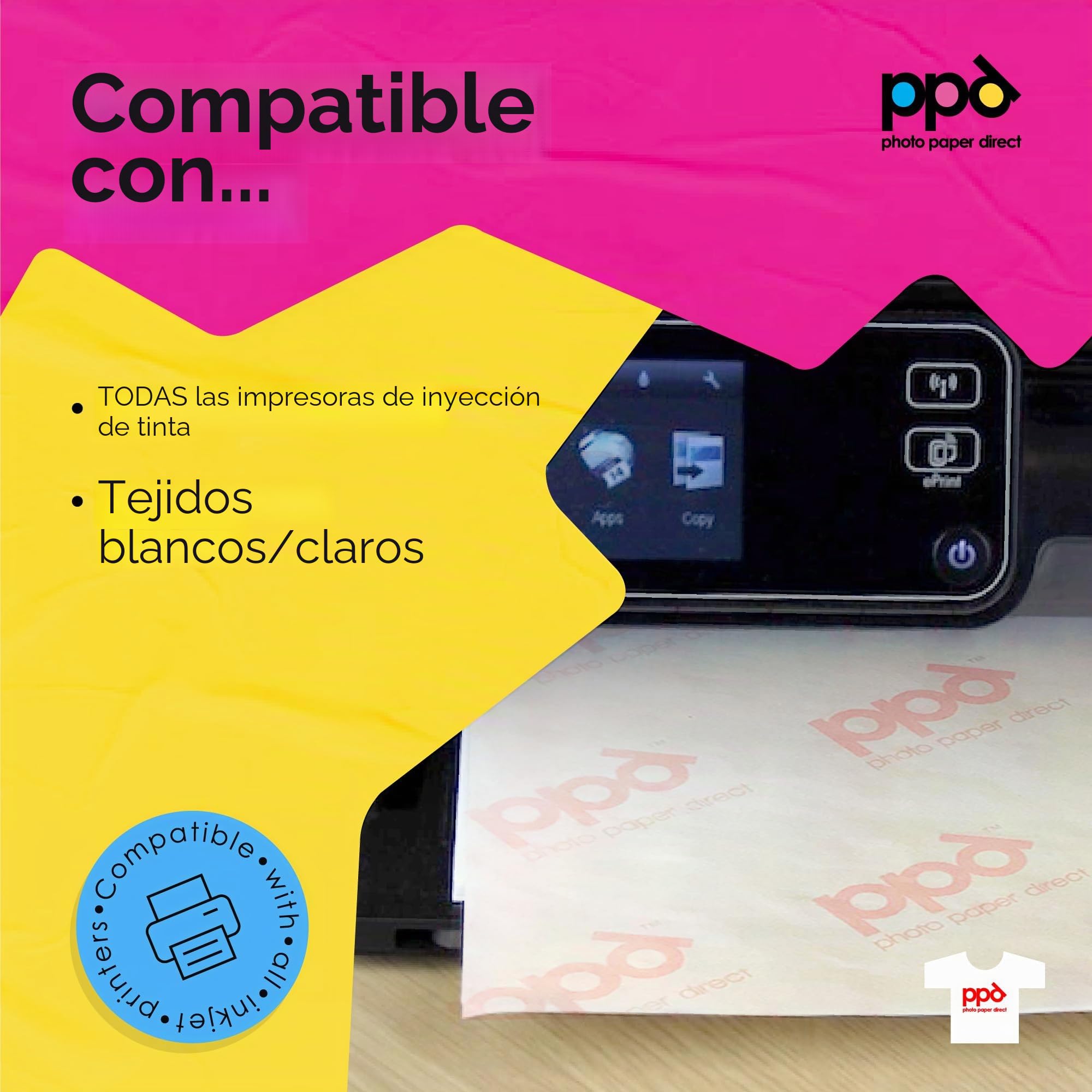 PPD A4 x 10 Hojas de Papel de Transferencia Térmica Para Camisetas, Mascarillas y Tejidos Claros - Para Impresoras de Inyección de Tinta Inkjet - PPD-1-10
