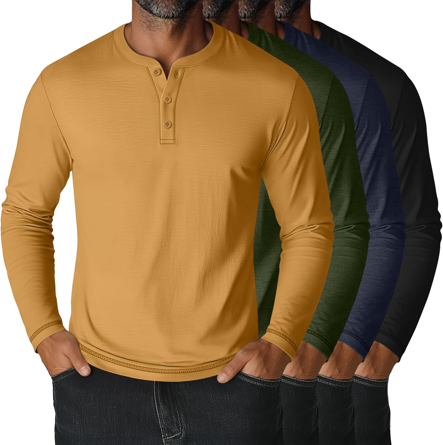 4 Pack Men's Big and Tall Henley T-Shirts, Long Sleeve Crew Neck 3 Button Casual Soft Basic Tee Tops Multipack