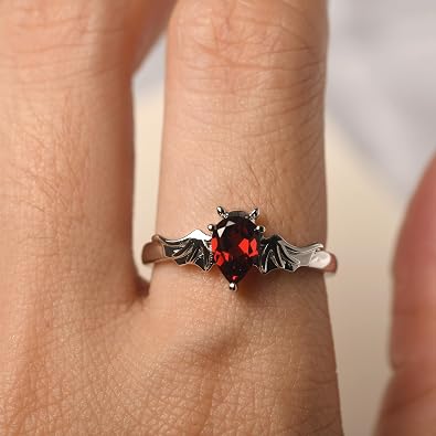 LUO 925 Sterling Silver Gemstone Pear Shaped 7X5 MM Unique Bat Ring Animal Promise Ring Gifts for Women Jewelry