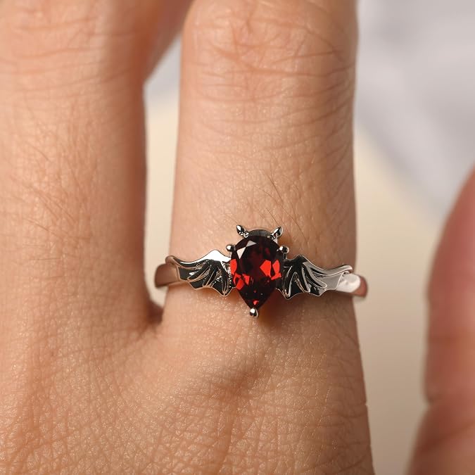 LUO 925 Sterling Silver Gemstone Pear Shaped 7X5 MM Unique Bat Ring Animal Promise Ring Gifts for Women Jewelry