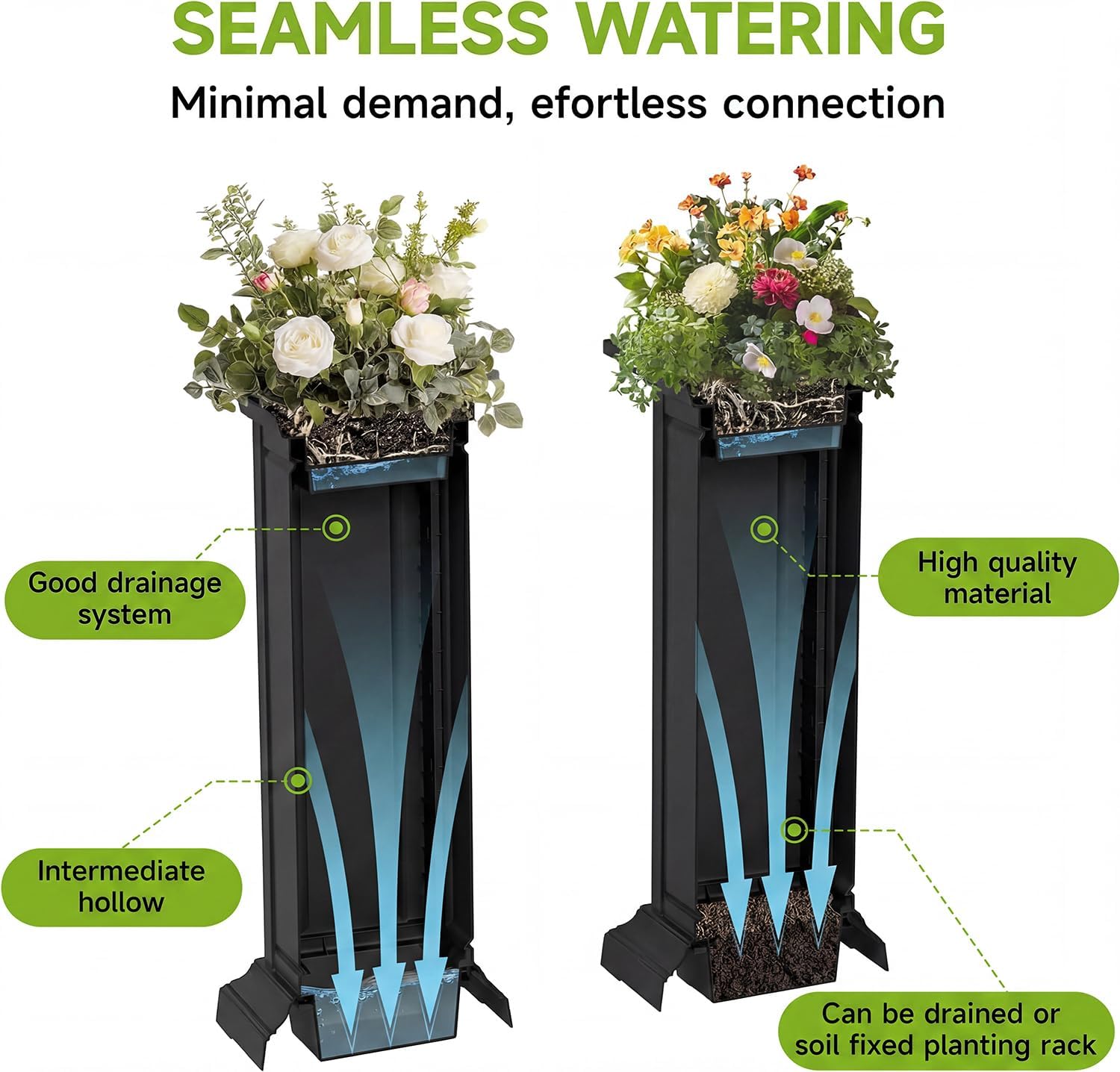 Vixzen Tall Black Resin Planters Set of 2, Large All-Weather Outdoor Garden Pots, Durable Crack-Resistant Flower Pots for Porch, Balcony, Backyard, Flowers & Trees, Black thumbnail