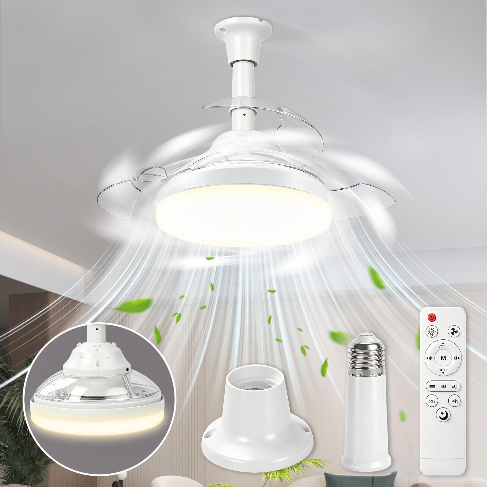 Herefun Ventilador de Techo con Luz Silencioso, 43CM Lampara Techo Ventilador Plegable E27 con Luz y Mando, Regulable en Colores y Velocidades, 3 Aspas Ocultas, Temporizador para Dormitorio y Salón