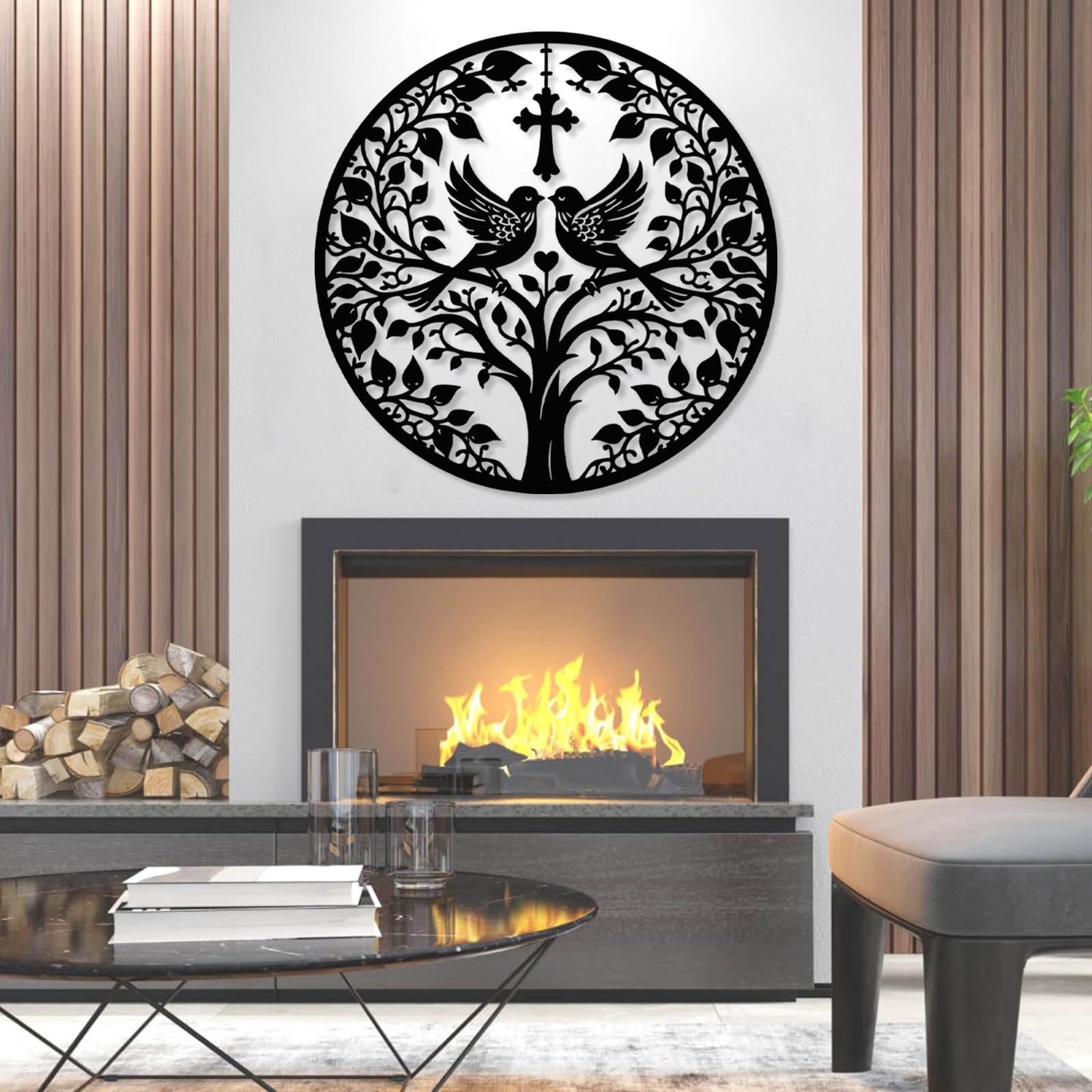 Nowoczesna minimalistyczna metalowa dekoracja ścienna drzewo życia, chrześcijański krzyż sztuka z ptakami, gałęzie Jezusa, wisiorek (srebrny, 60 x 60 cm)
