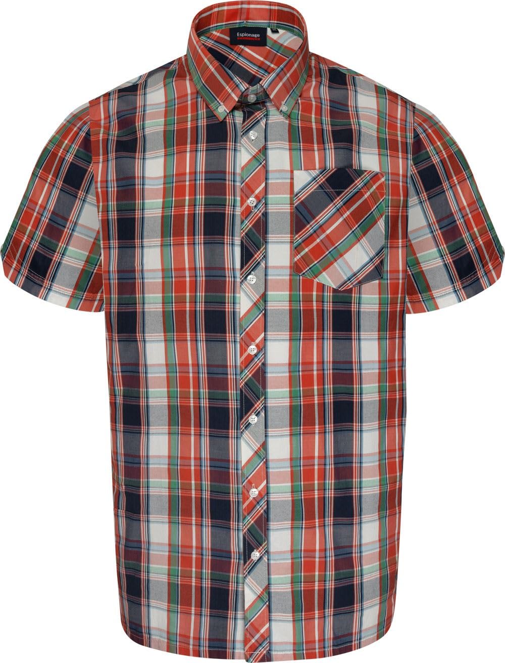 Espionage Short Sleeve Check Shirt for Men in Navy/Coral/White 6XL