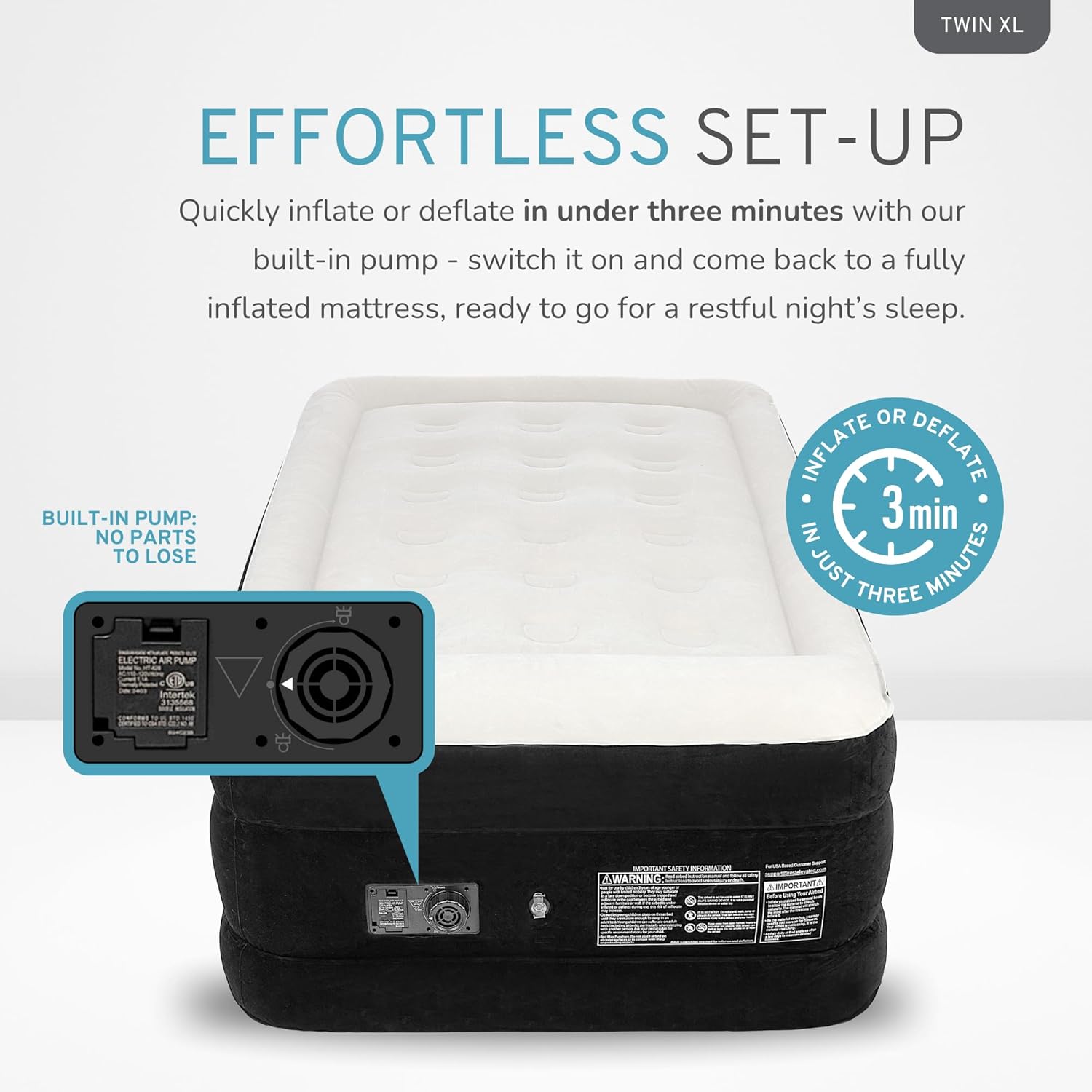 RestElevated Luxury Pillow Top Twin XL Size Air Mattress with Built in Pump | 20" Raised Height with Coil Beam Support | Adjustable Blow Up Air Bed | for Home, Guests, Camping [Black with Cream Top]