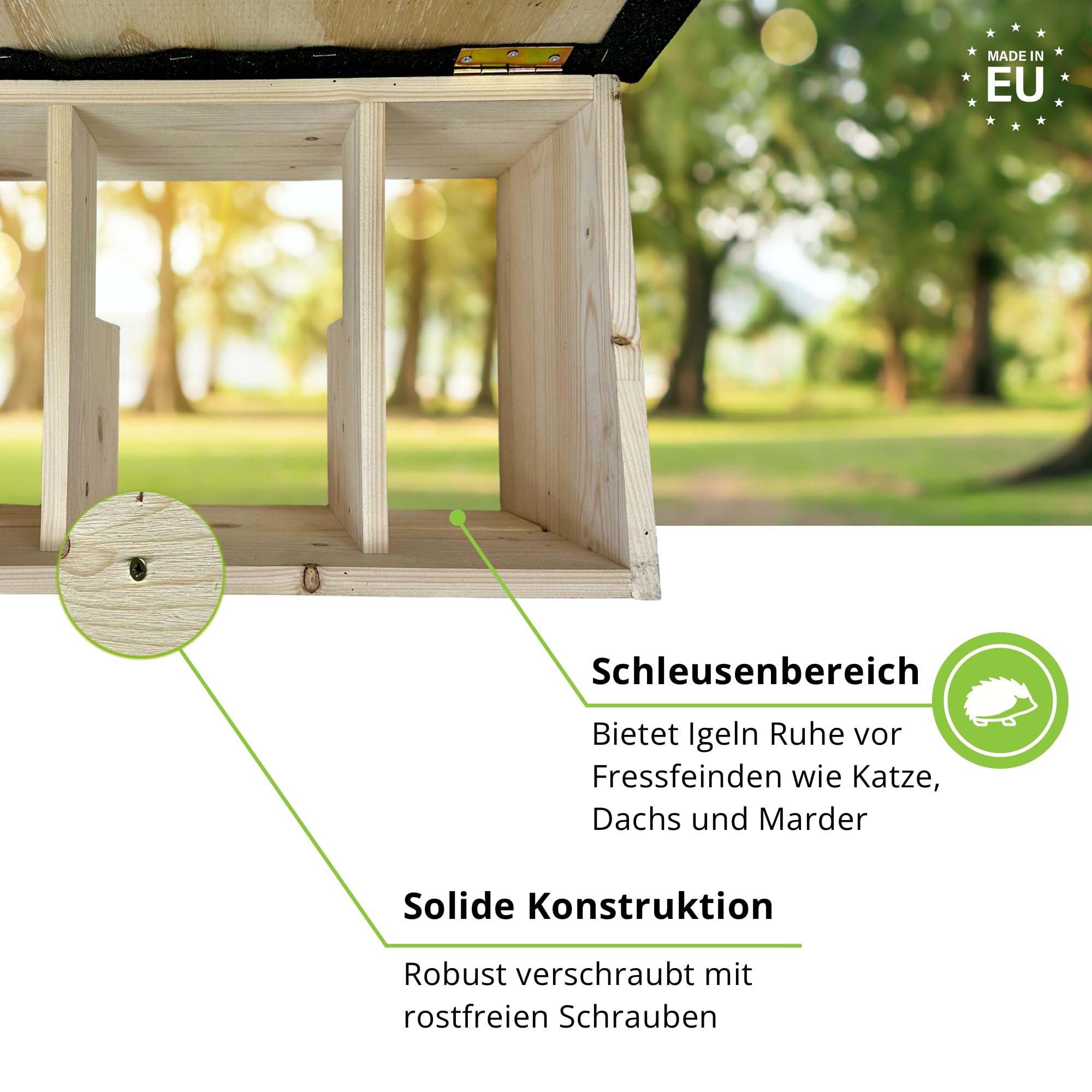 GARTENETAGE Igel-Futterhaus wetterfest mit Rattenklappen – Futterstation für Igel aus Holz mit Schutz vor Katzen, Ratten & Regen – Igelhaus für Garten, naturnah & robust