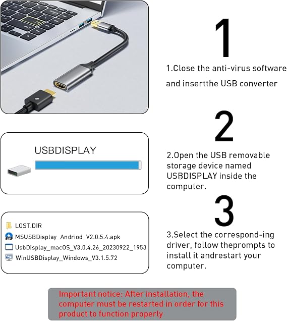 Reborn USB to HDMI Adapter, 1080P@60Hz USB 3.0 Male to HDMI Female Multi-Display Cable Converter Suitable for MacOS Windows 7/8/10/11