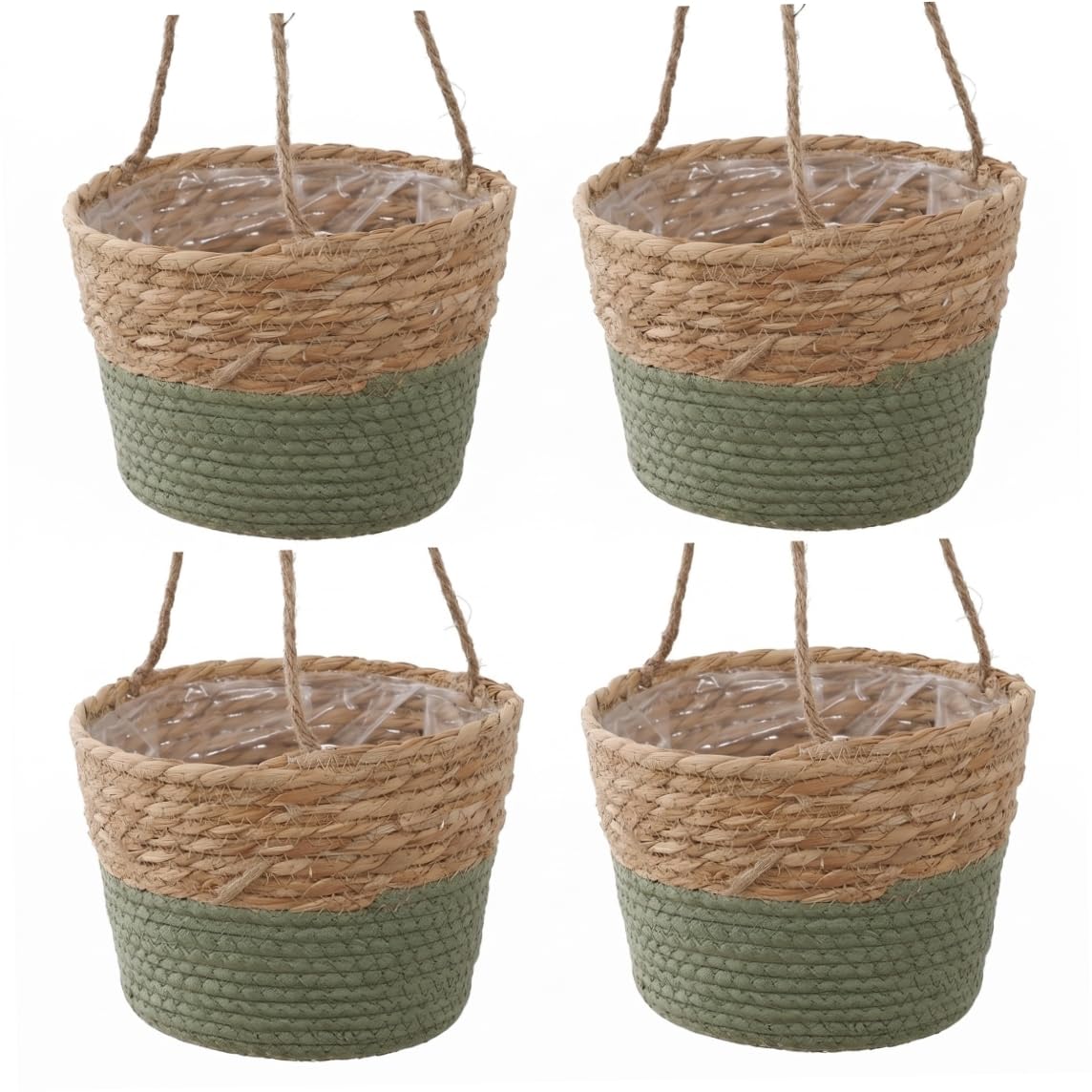 Sjfbebsy 4Pcs Hanging Flower Pots, Handwoven Woven Plant Basket Cattail and Paper Cord Plant Hanging Baskets for Indoor Outdoor Decor, Woven Basket