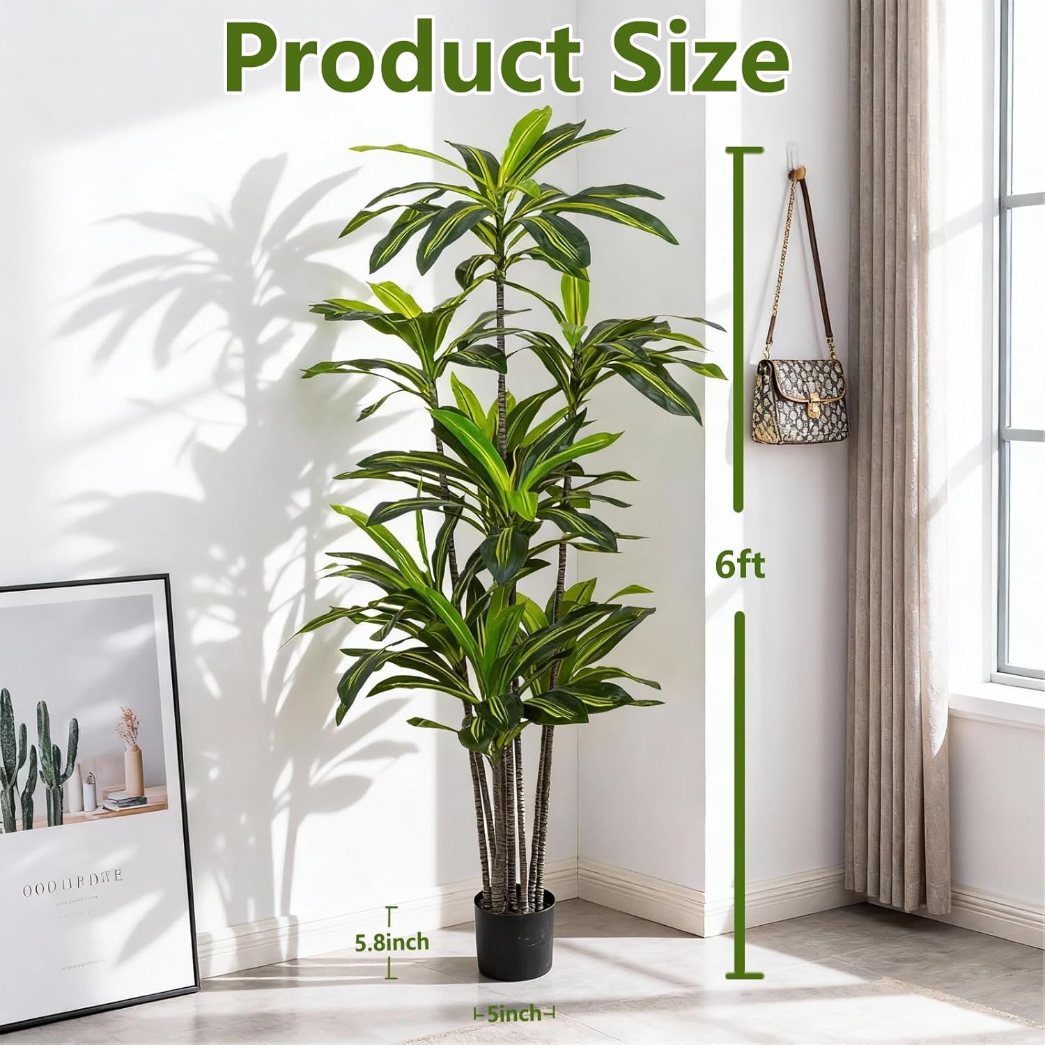 Artificial Dracaena Tree 6FT - Fake Tree with Black Planter - Faux Yucca Tall Fake Floor Plant in Pot - Artificial Plant for Home Office Living Room Decor Indoor