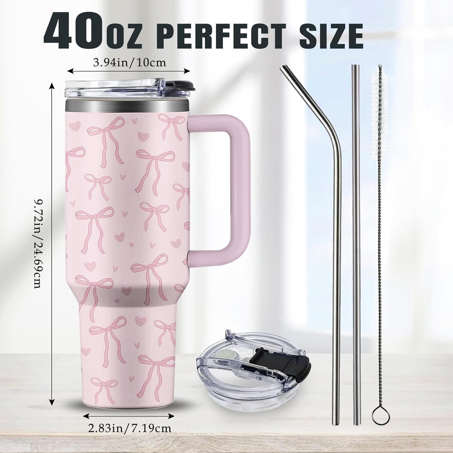 Bow Tumbler 40 oz with Handle - Cute Pink Water Bottle, Coquette Insulated Cup - Leak Proof Tumbler for Girls, Teen Girls - Girly Christmas Gifts for Her - Image 2