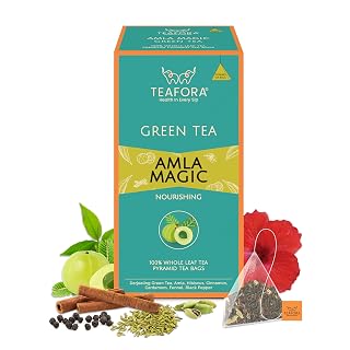 TEAFORA Amla Magic Green Tea | 20 Count Pyramid Tea Bags | Whole Leaf Tea | Blended with Amla, Hibiscus, Fennel, Cardamom & Cinnamon | 100% NATURAL INFUSION
