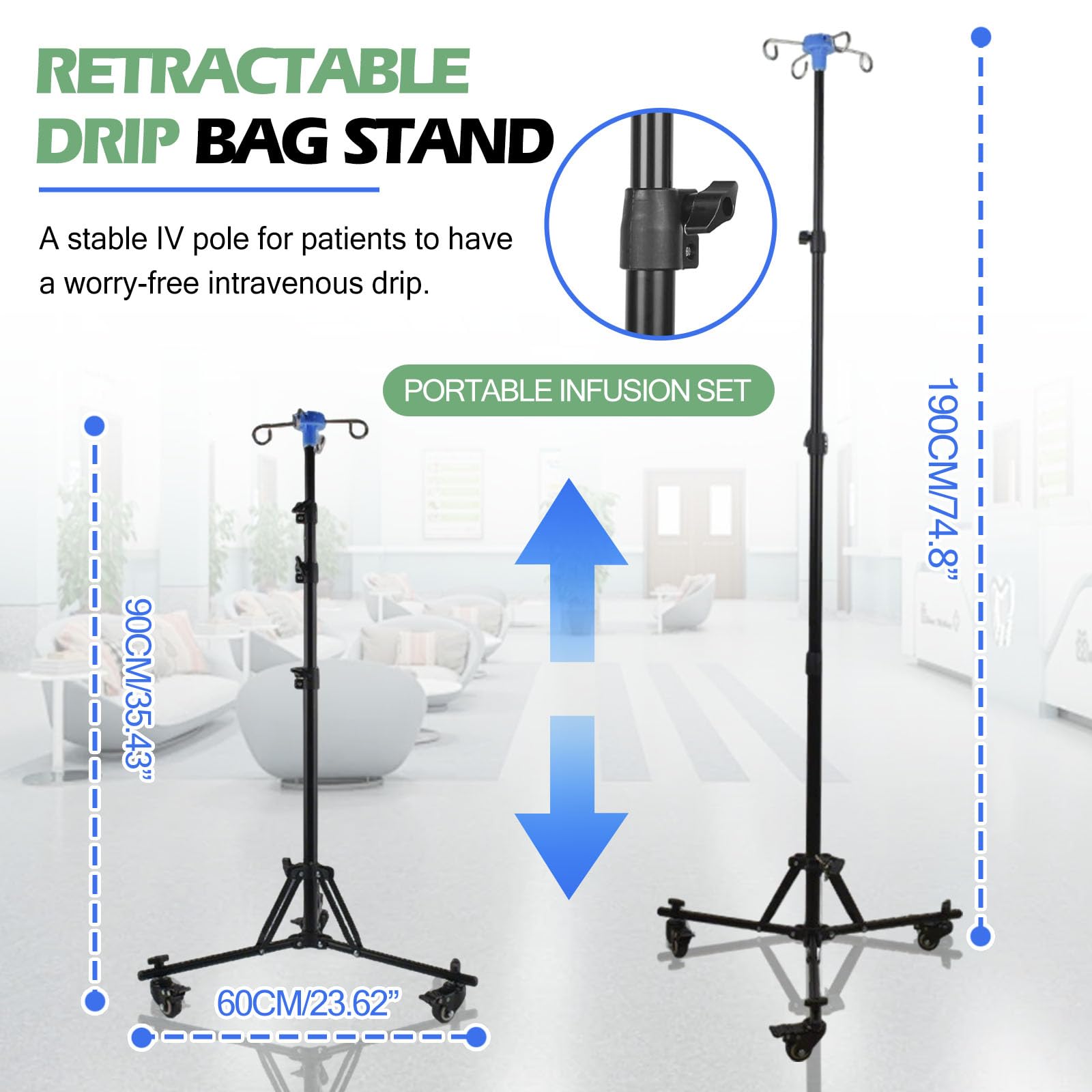 Supporto per infusione pieghevole Asta per flebo con ganci&ruote, supporto per infusione mobile, per ospedale e cura domestica,regolabile in altezza