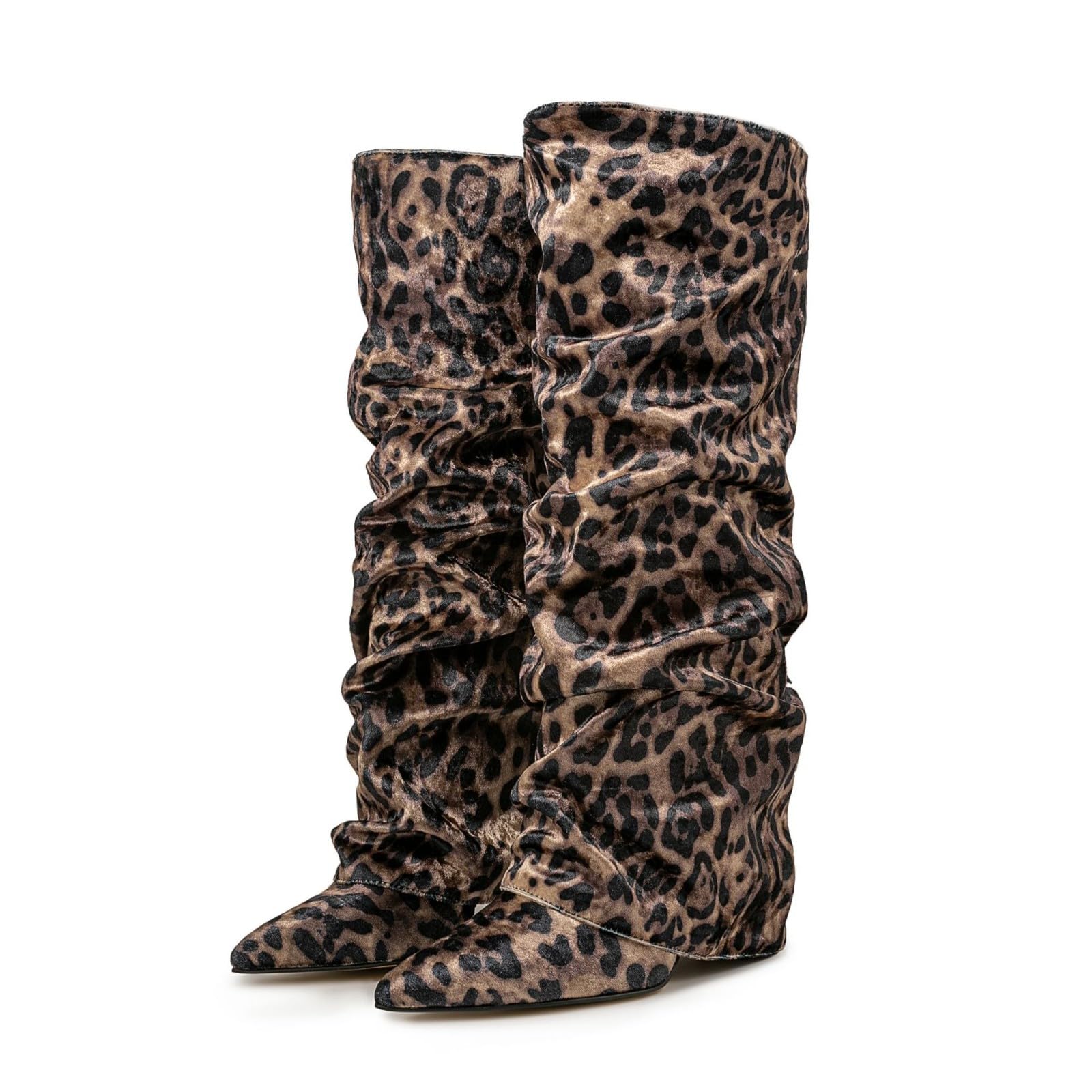 Botas Altas Mujer Caña Ancha, Botas Mujer Invierno Punta Puntiaguda Retro Sexy Leopardo Hasta La Rodilla Plisada Apiladas Bota Sólido Elegante Salvaje Tacón Grueso Moda Antideslizante Rectos Bota