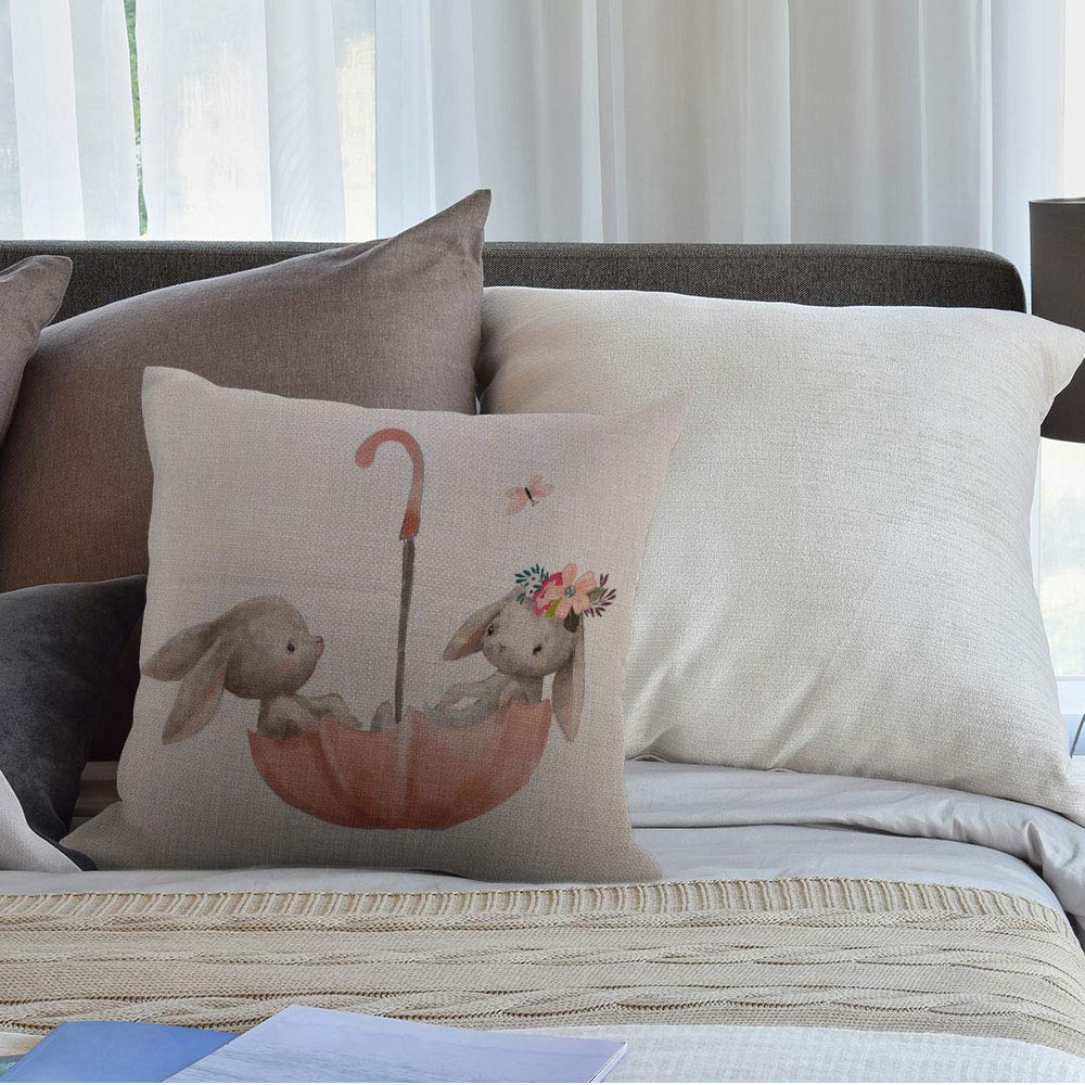 Moslion Watercolor Rabbits Pillow Cover – Decorative Square Cushion Cover For Sofa, Bed, Car
