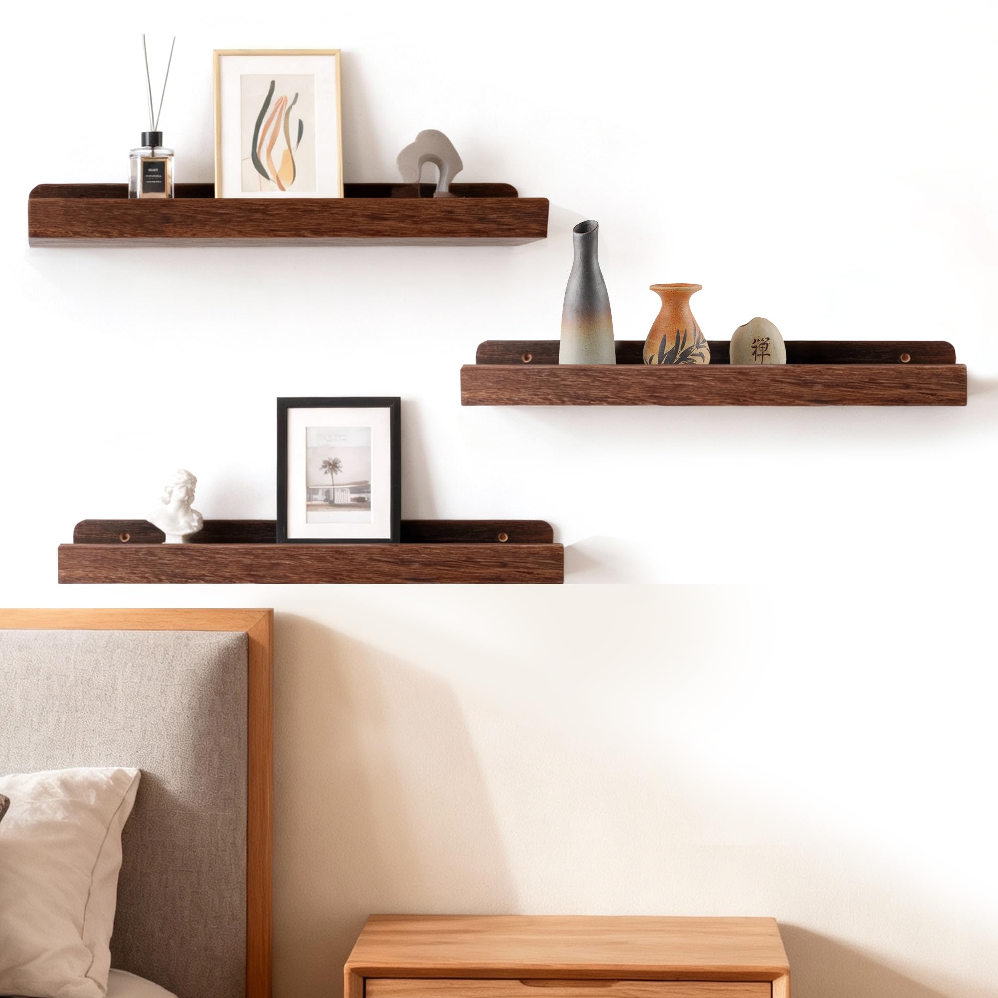 Estantes Flotantes, Estanterías de Exhibición de Pared Rústica para Sala de Estar, Organizador de Madera de 3 Niveles con Madera de Paulownia, 42x11x4cm (Brown)