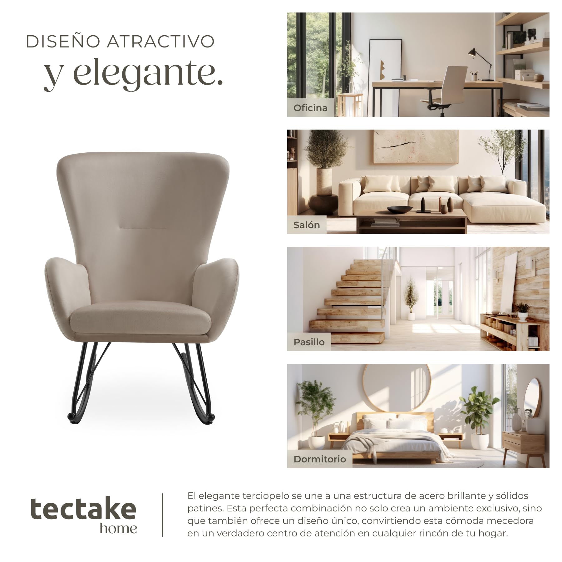 tectake® Mecedora con Respaldo Grande y cojín extraíble, Acolchado Grueso, Estructura de Acero Resistente, sillón, Silla Relax, butaca Dormitorio, Mecedora Lactancia - Negro/Gris Pardo