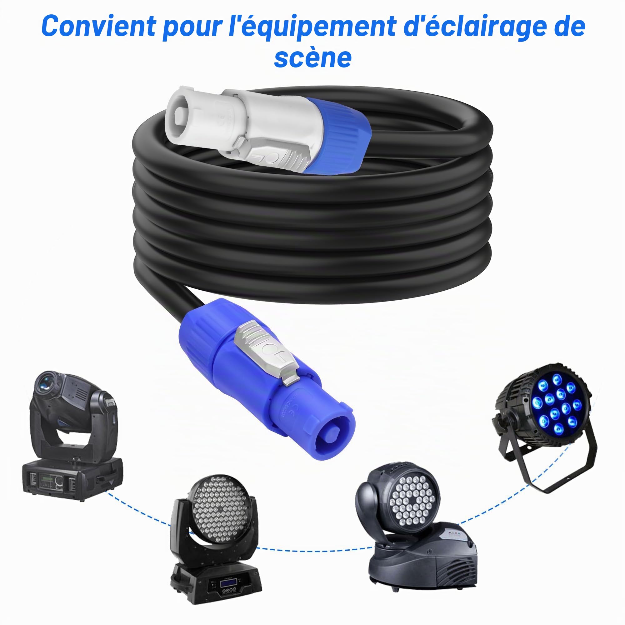 XMSJSIY PowerCon Câble d'alimentation 14 AWG 3 broches AC PowerCon entrée vers sortie Câble d'extension pour écran LED, faisceau de lumière de scène, équipement audio vidéo et plus encore - 2 m