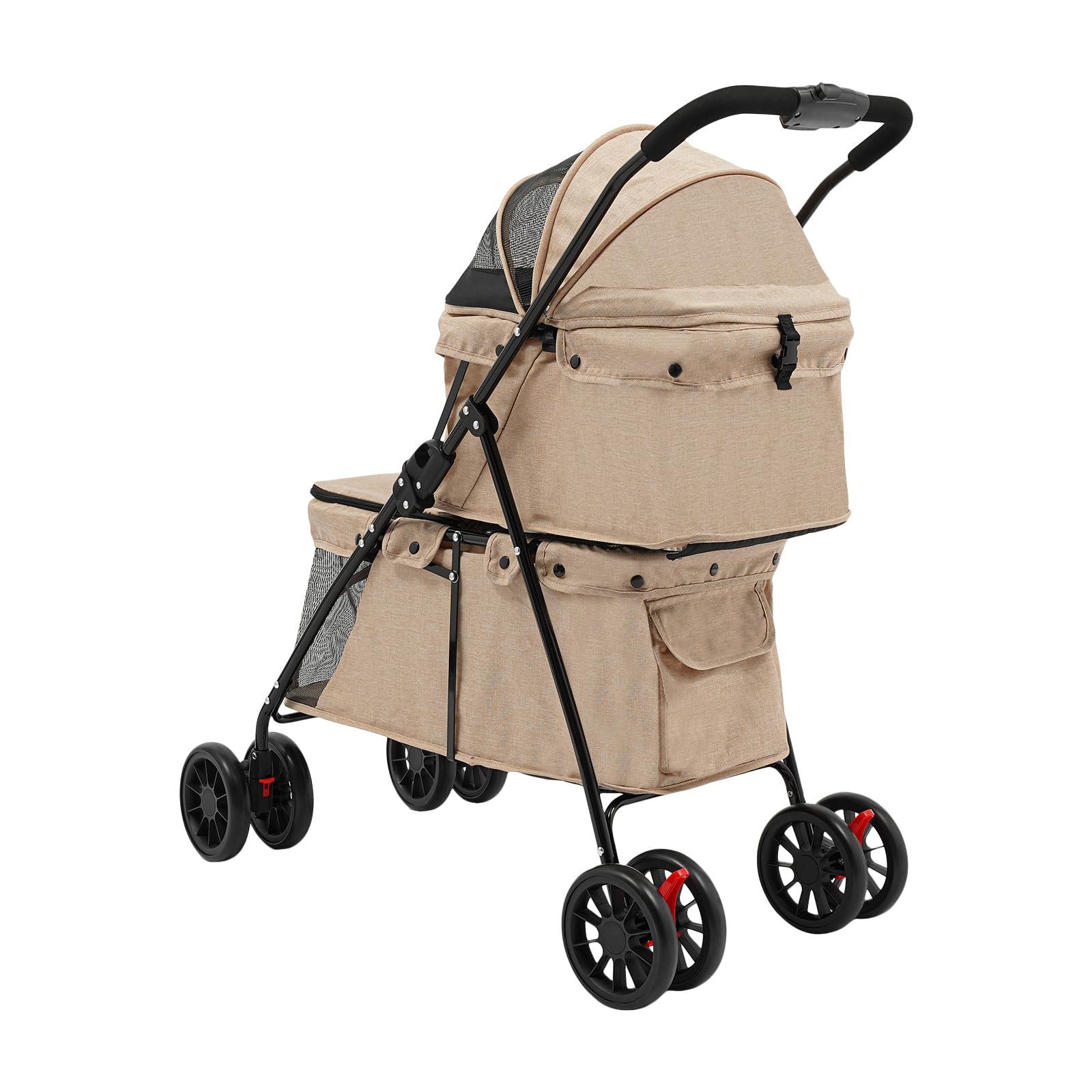 Passeggino doppio per cani pieghevole a 2 piani per cani e gatti fino a 20 kg, passeggino portatile per animali domestici con finestre a rete (kaki)