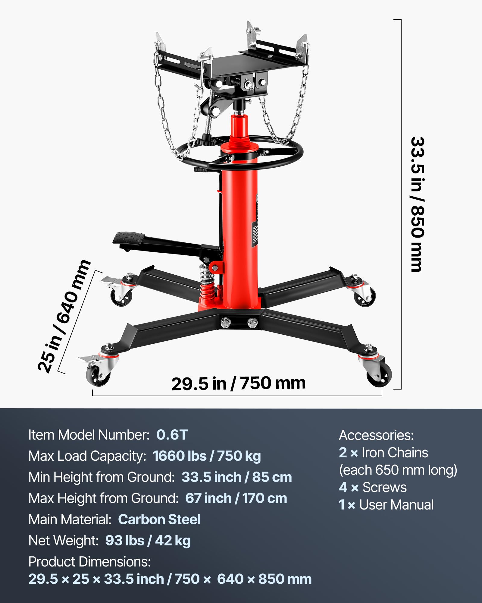 VEVOR Hydrauliczny podnośnik transmisyjny 85-170 cm Teleskopowe podnośniki transmisyjne Teleskopowy podnośnik transmisyjny 0,6 T z 4 kółkami & pierścieniem pomocniczym Montaż & demontaż przekładni